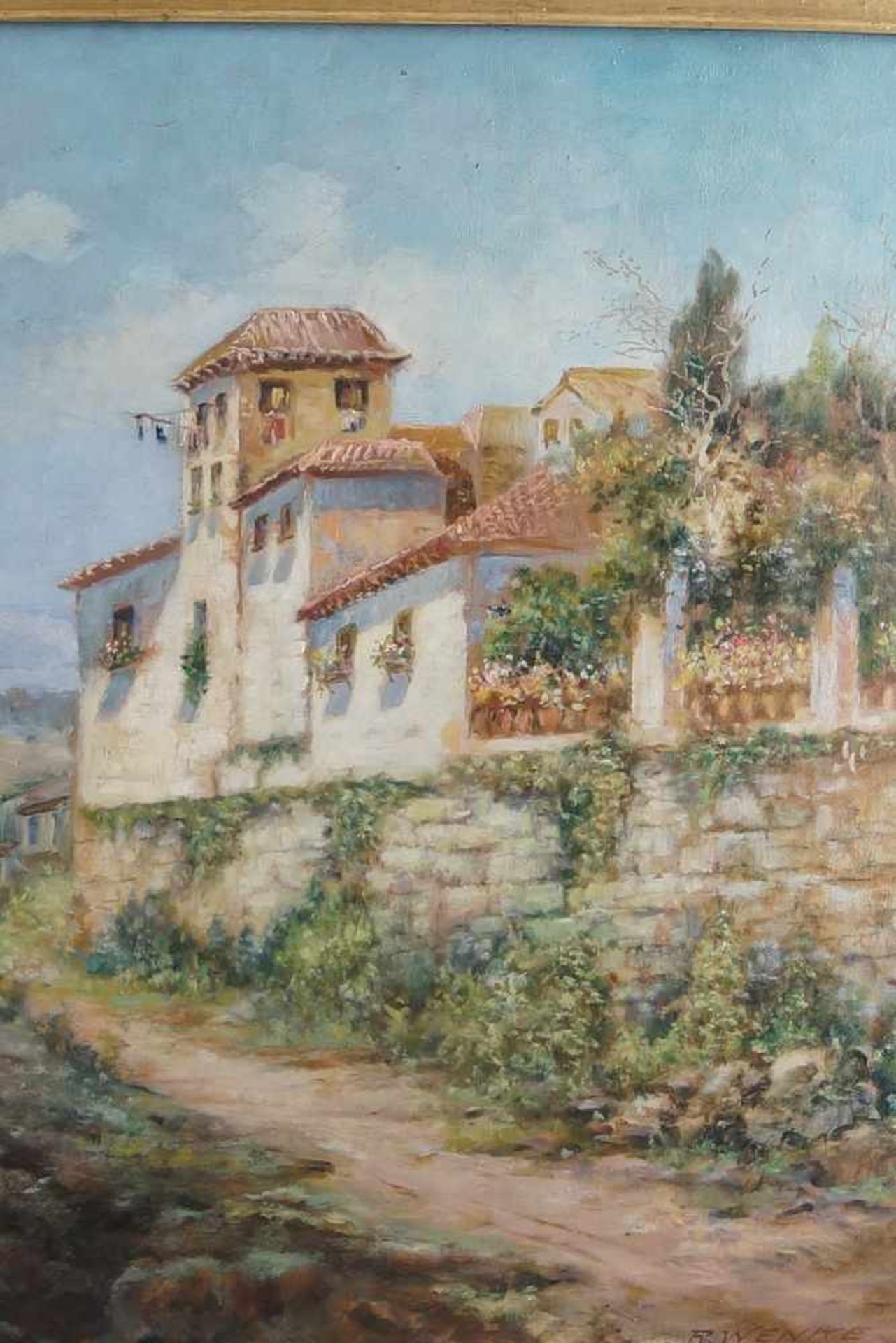 Mediterrane Küstenlandschaft mit Haus am Meer, Italien, 19. JH, Öl auf Leinwand, gerahmt,84x110 - Bild 6 aus 9