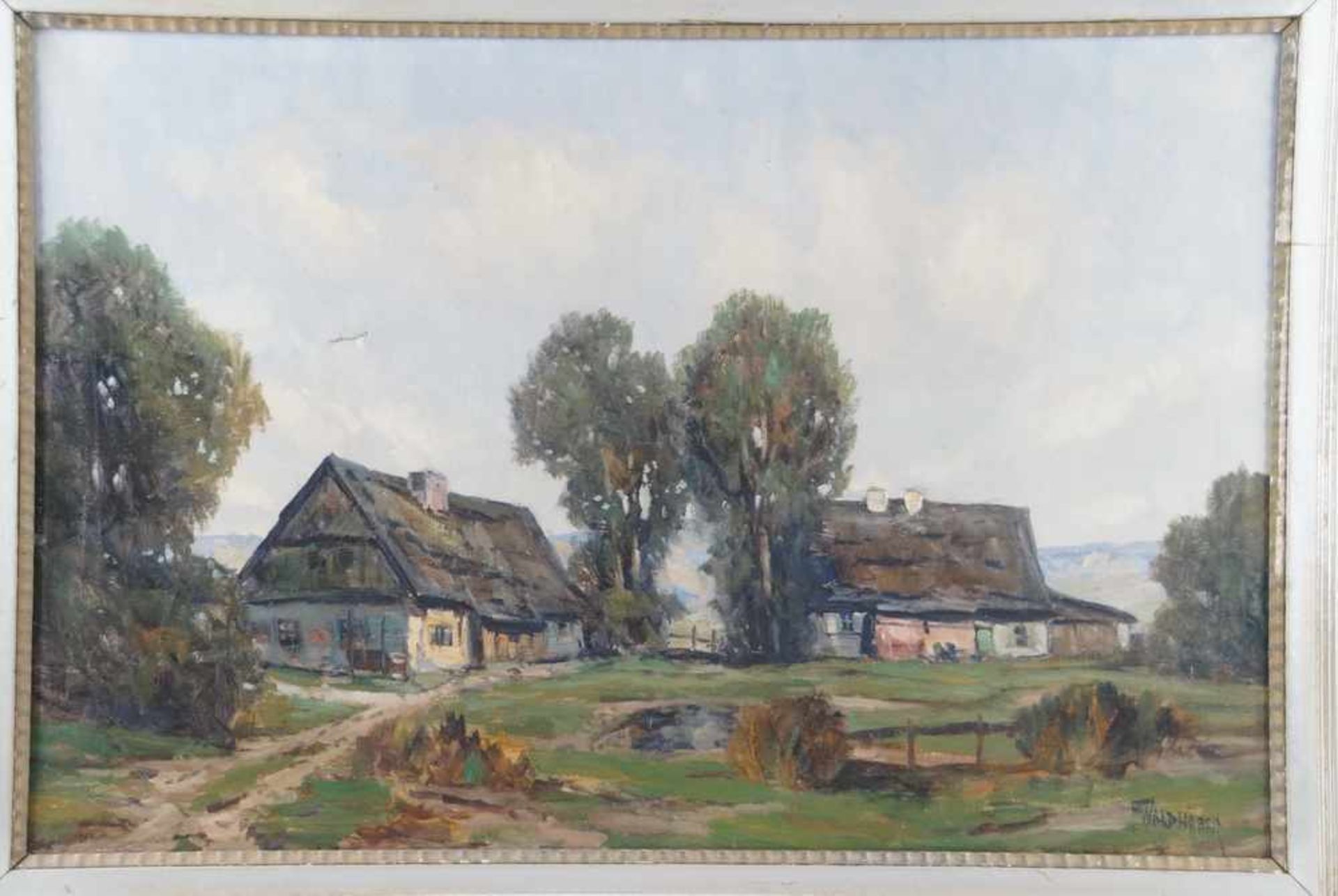 Gehöft / Anwesen mit Landschaft, Öl auf Leinwand, gerahmt, signiert, 73x99cm- - -24.00 % buyer's - Bild 2 aus 5