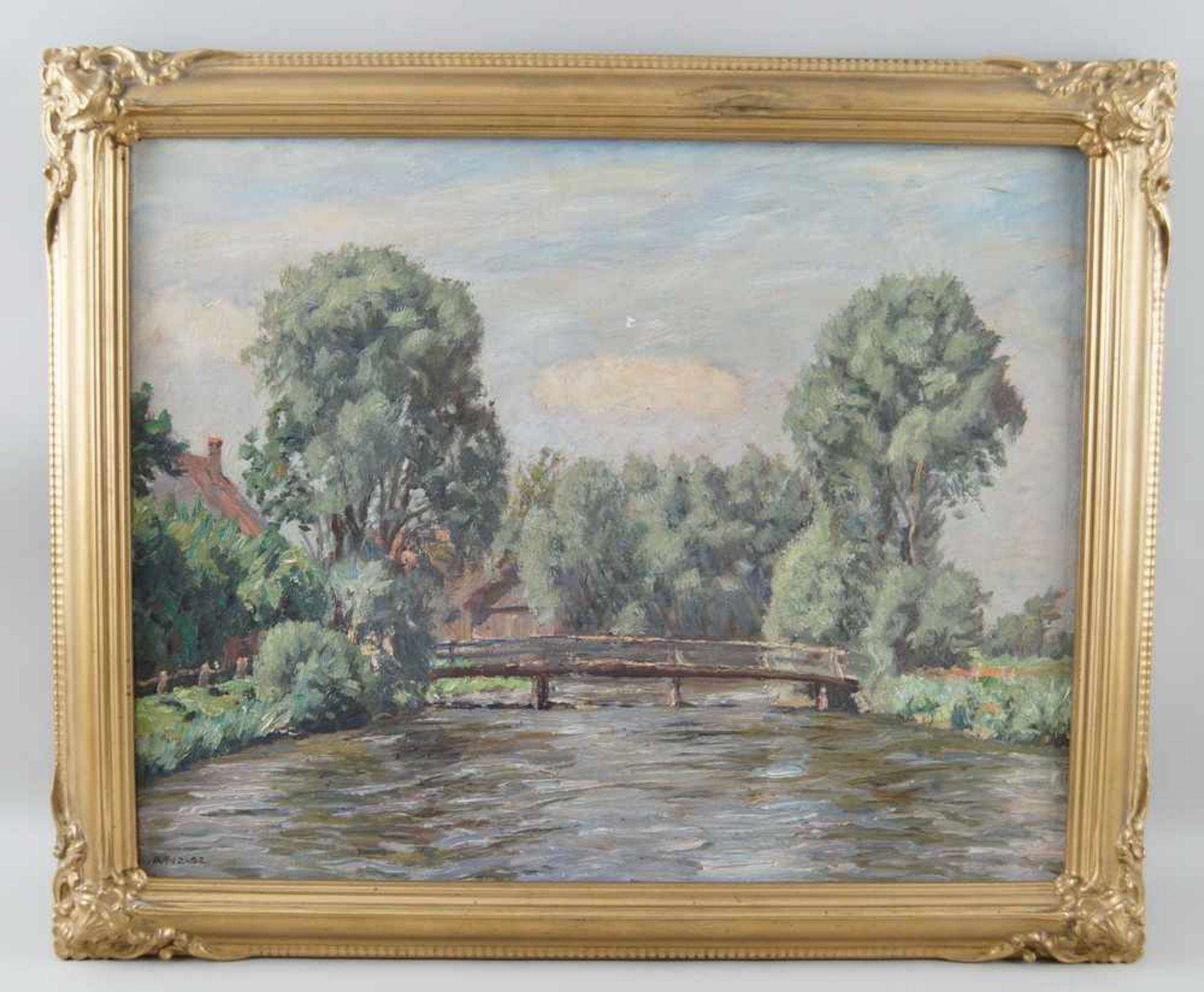 Landschaft mit Holzbrücke über Gewässer, Öl auf Leinwand, gerahmt, signiert, A. Weise,