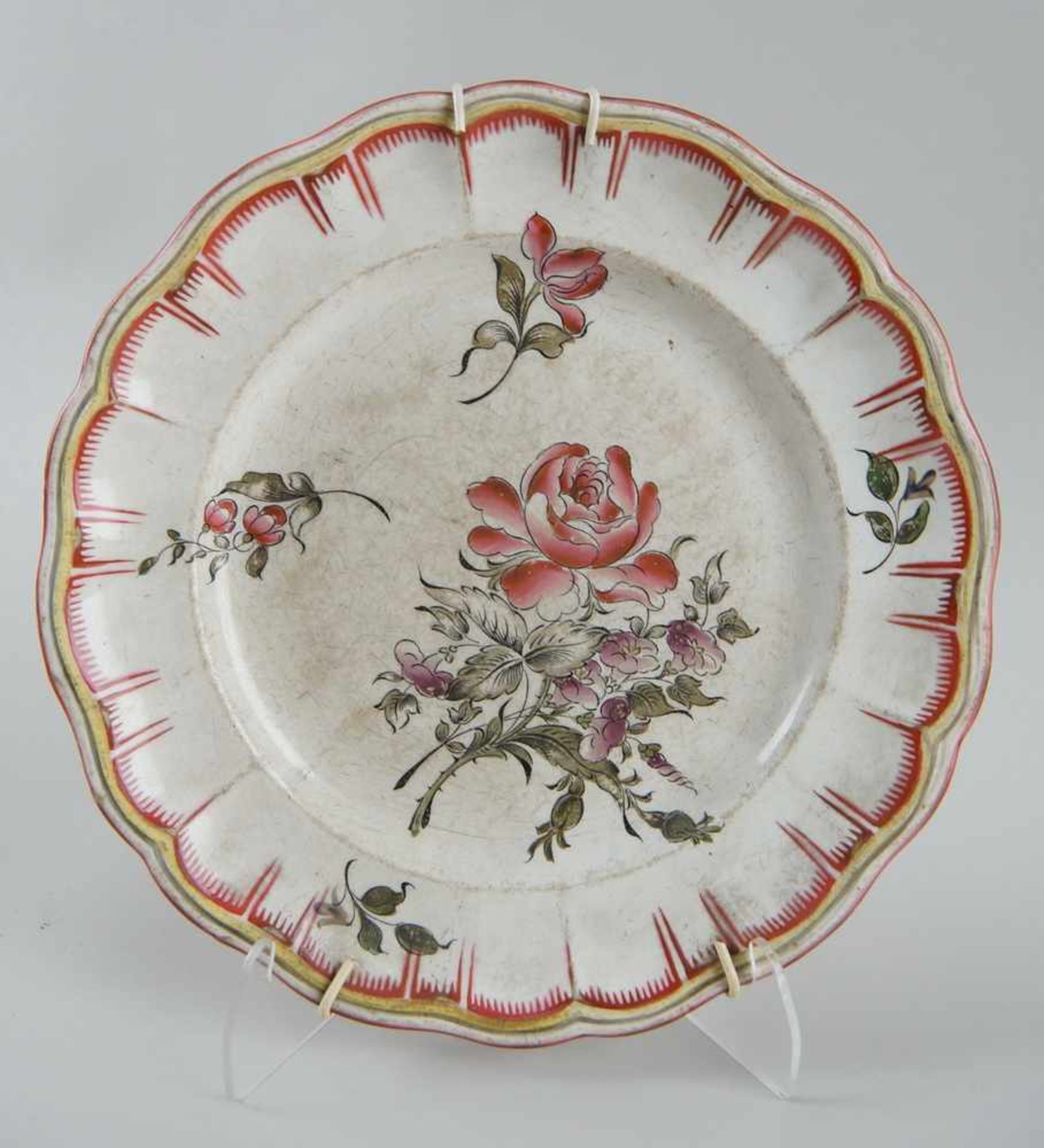 Keramikteller, floral bemalt, Altersspuren, verso gemarktet, Durchmesser 24,5cm- - -24.00 % buyer' - Bild 2 aus 4