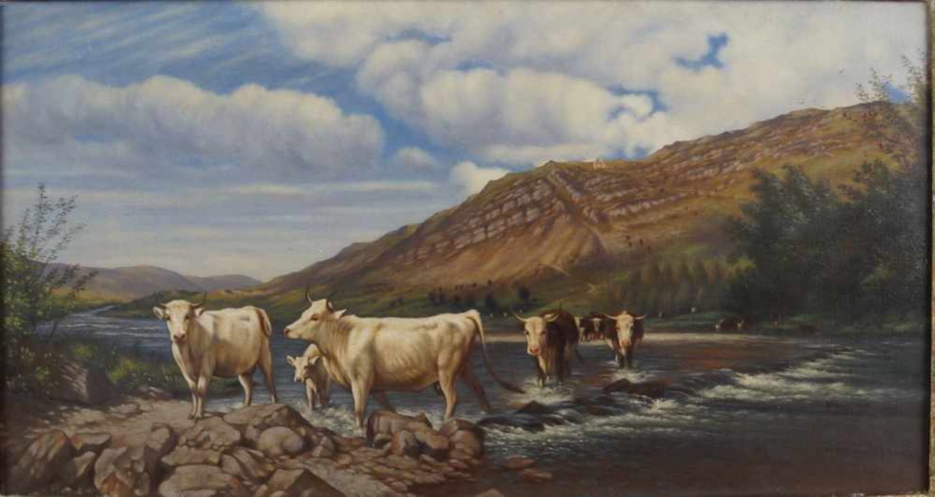 Kühe am Fluss, auf der Rückseite bezeichnet, Öl auf Leinwand, gerahmt, besch., 45x76cm- - -24.00 % - Bild 2 aus 7