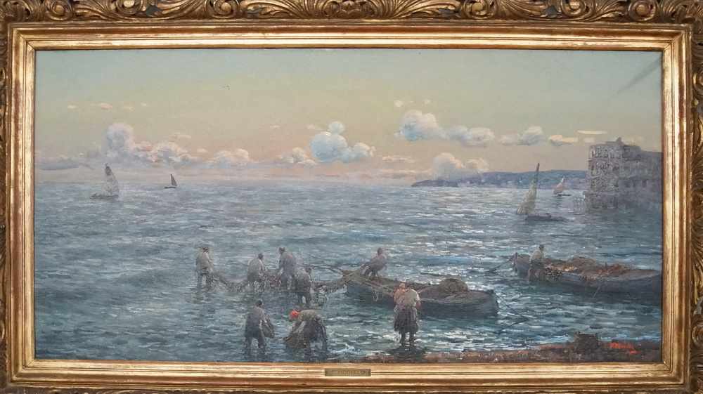 Fischer im Hafen Marina di Napoli, Öl auf Leinwand, gerahmt, signiert, plakettiert, F.Morello, verso - Image 2 of 13
