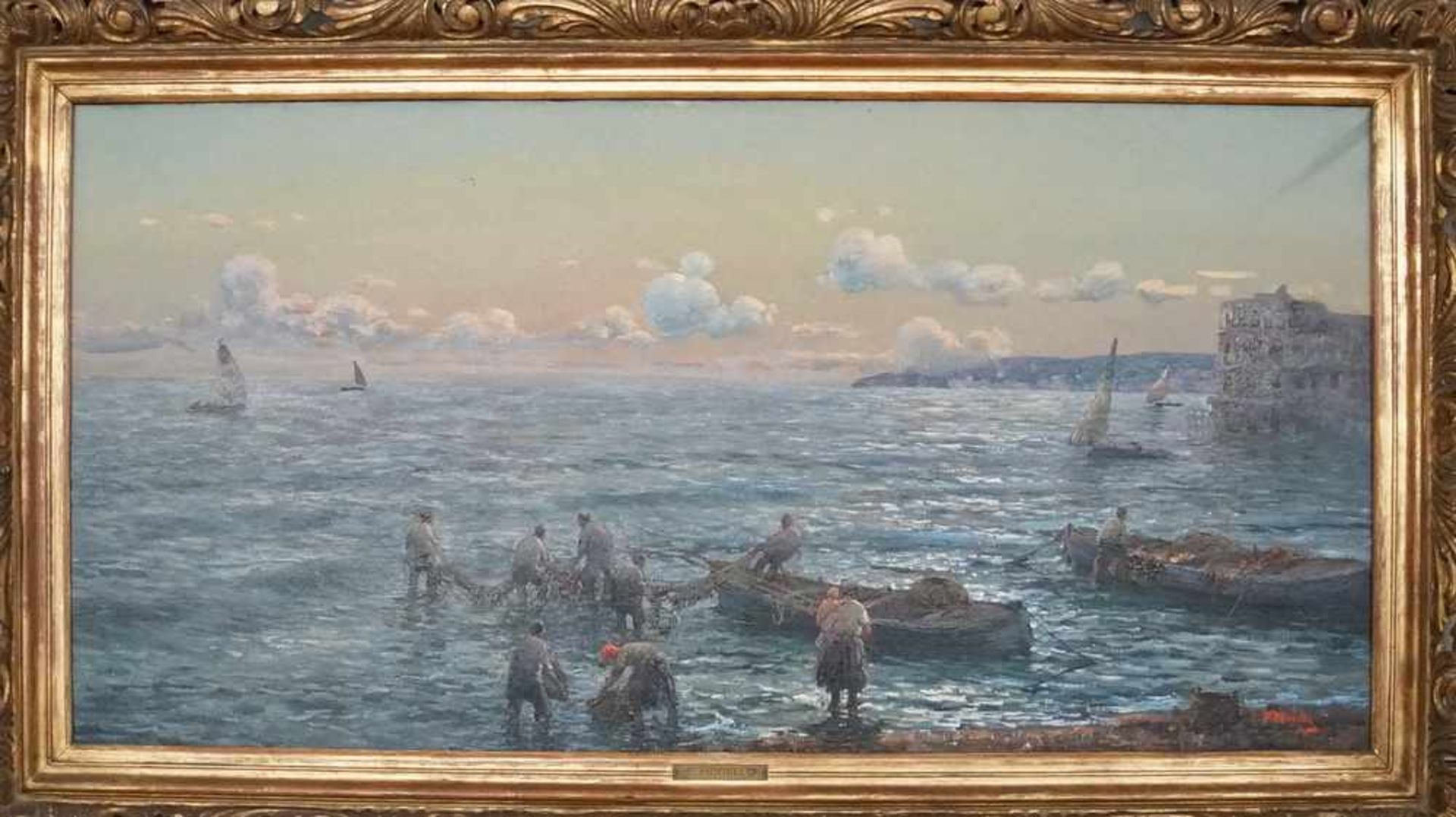 Fischer im Hafen Marina di Napoli, Öl auf Leinwand, gerahmt, signiert, plakettiert, F.Morello, verso - Bild 2 aus 13