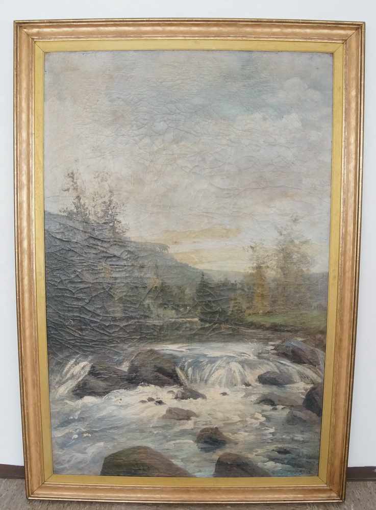 Bachlauf mit Landschaft, Öl auf Leinwand, gerahmt, signiert unl., 153x107cm- - -24.00 % buyer's