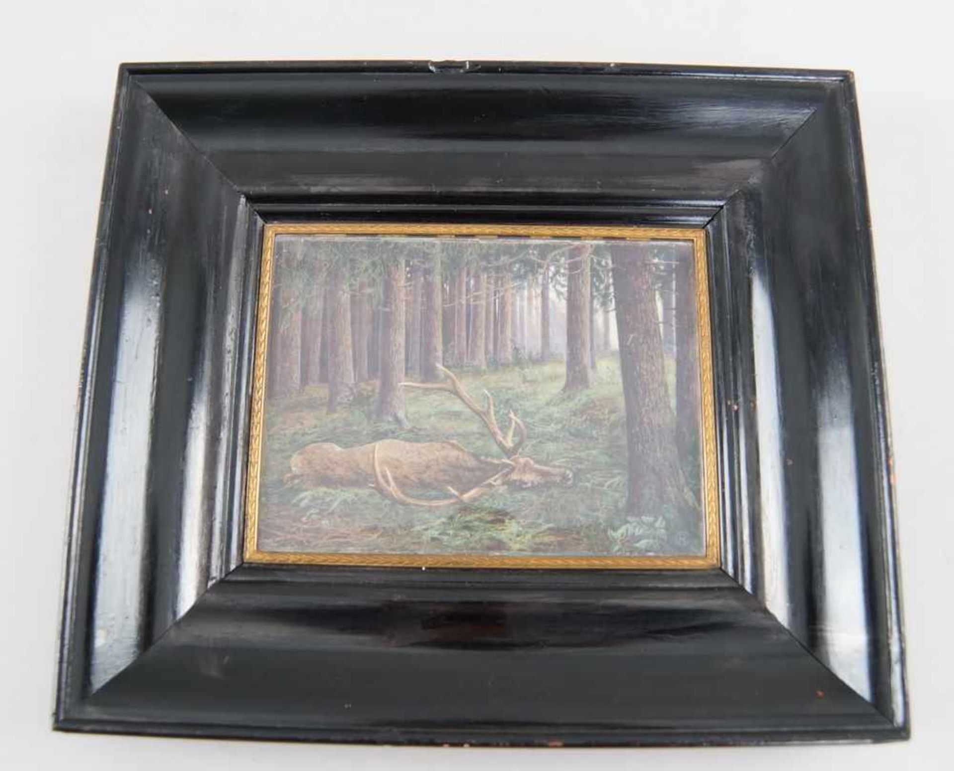 Aquarell auf Elfenbein, erlegter Hirsch im Wald, verso bezeichnet, gerahmt, 28x25cm- - -24.00 % - Bild 2 aus 3