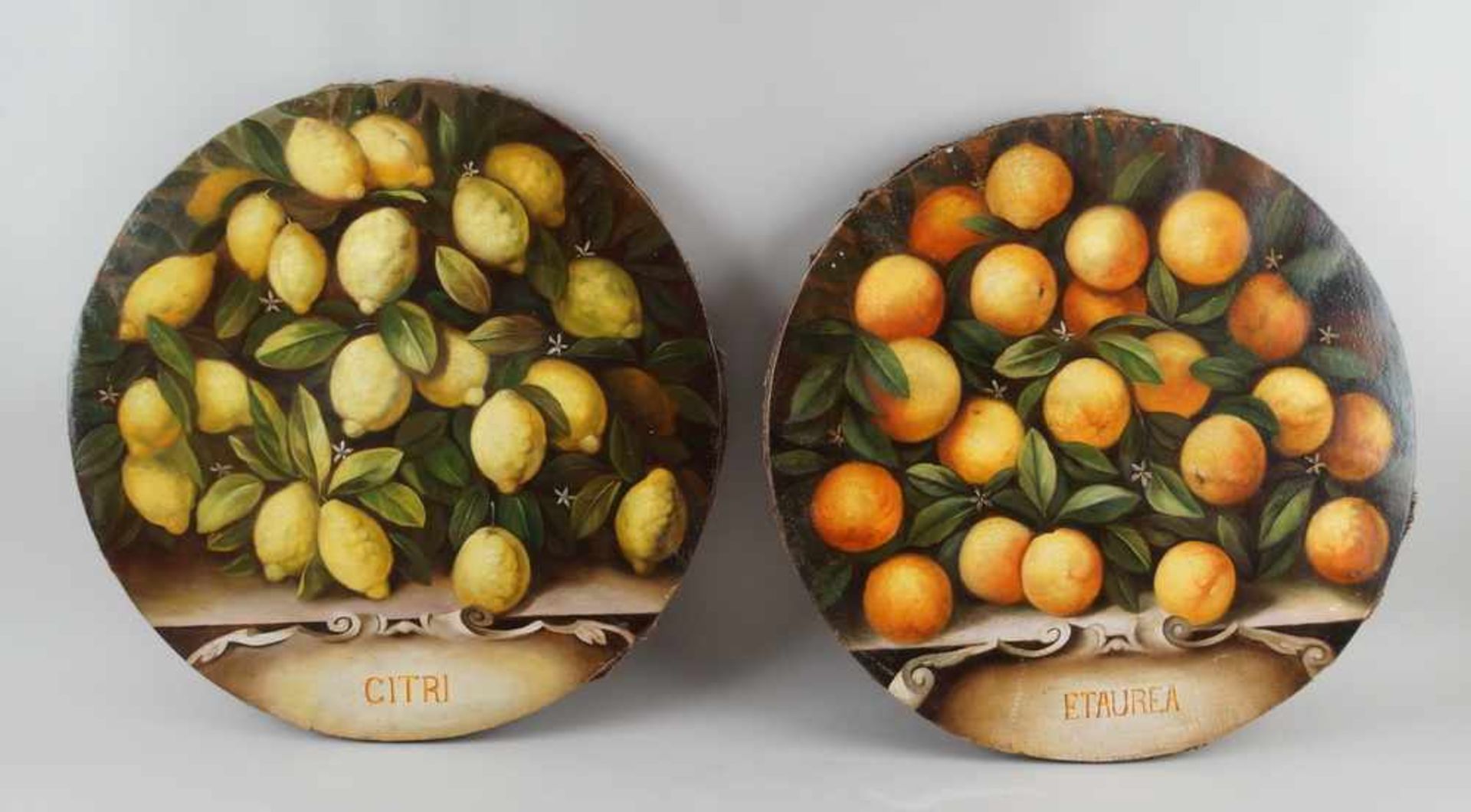 Zwei runde Stilleben, Zitronen und Orangen, Öl auf Leinwand, wohl Italien um 1900,Durchmesser 59,5