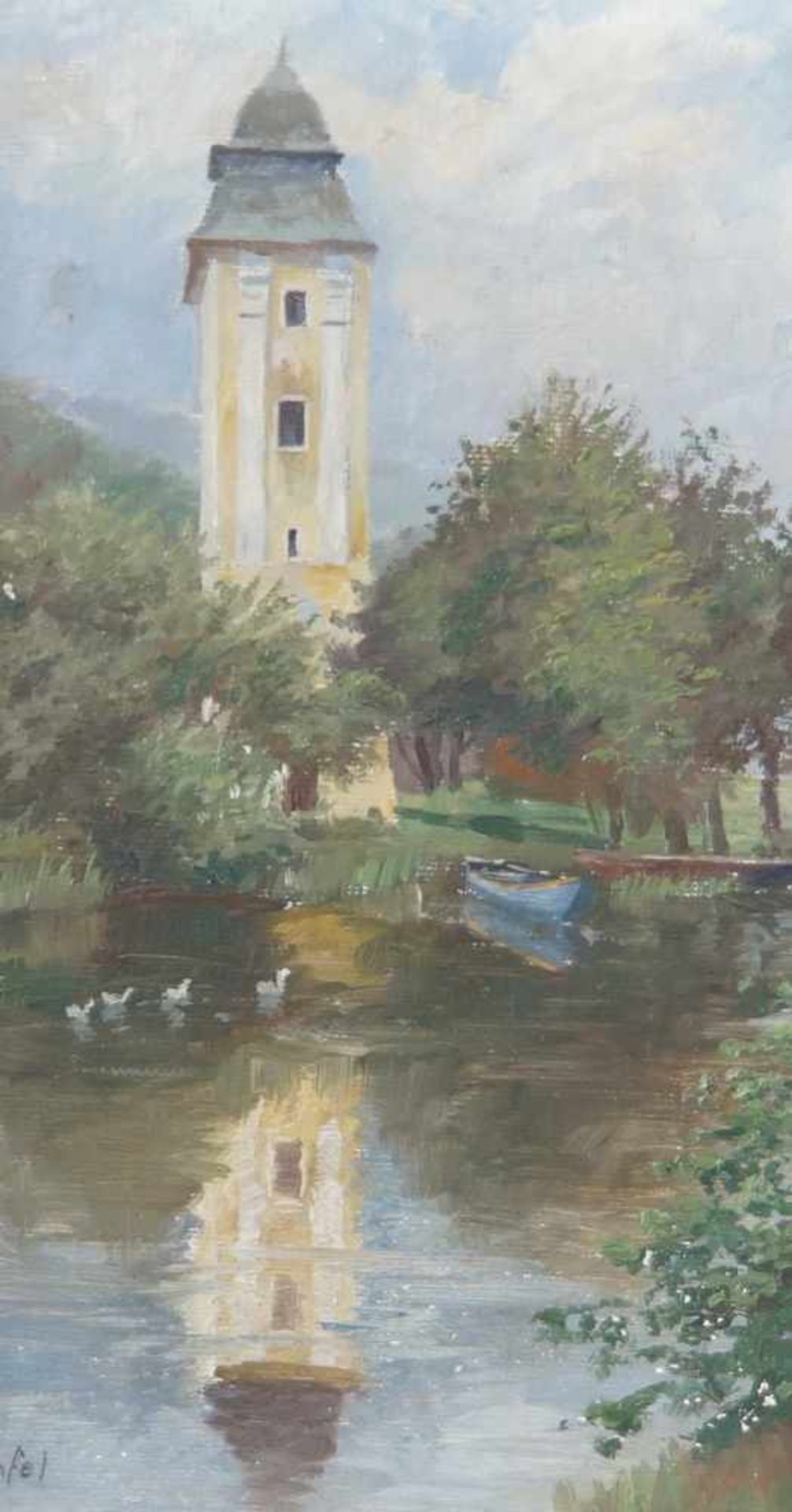 Hans Holzapfel, 1884- 1960 München, Wasserturm am Gewässer, Öl auf Malkarton, gerahmt,signiert, - Bild 3 aus 9