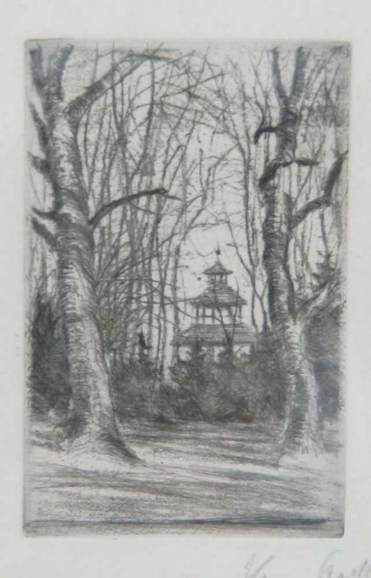 Kleiner Tempel mit Bäumen, Kohlezeichnung auf Papier, signiert, 20x13,5cm- - -24.00 % buyer's - Bild 6 aus 6