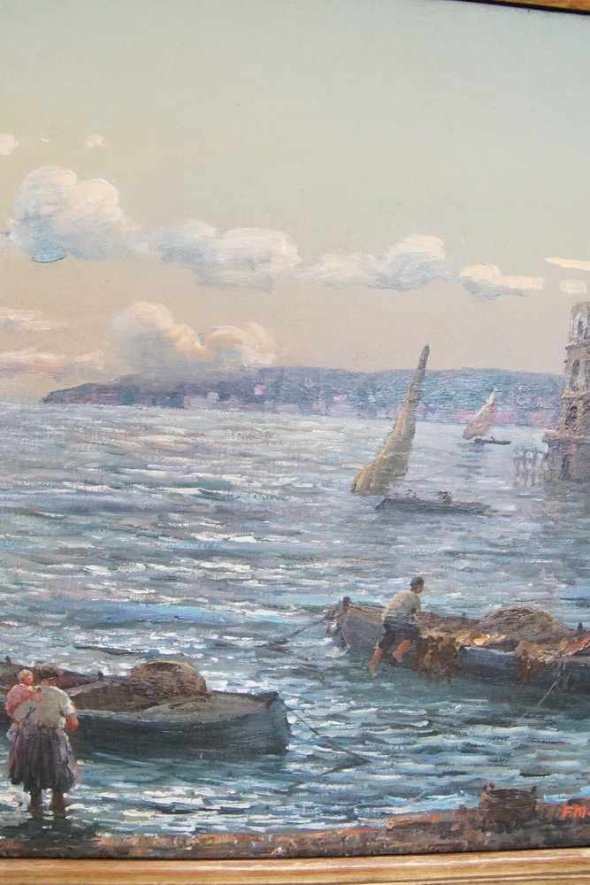 Fischer im Hafen Marina di Napoli, Öl auf Leinwand, gerahmt, signiert, plakettiert, F.Morello, verso - Image 10 of 13