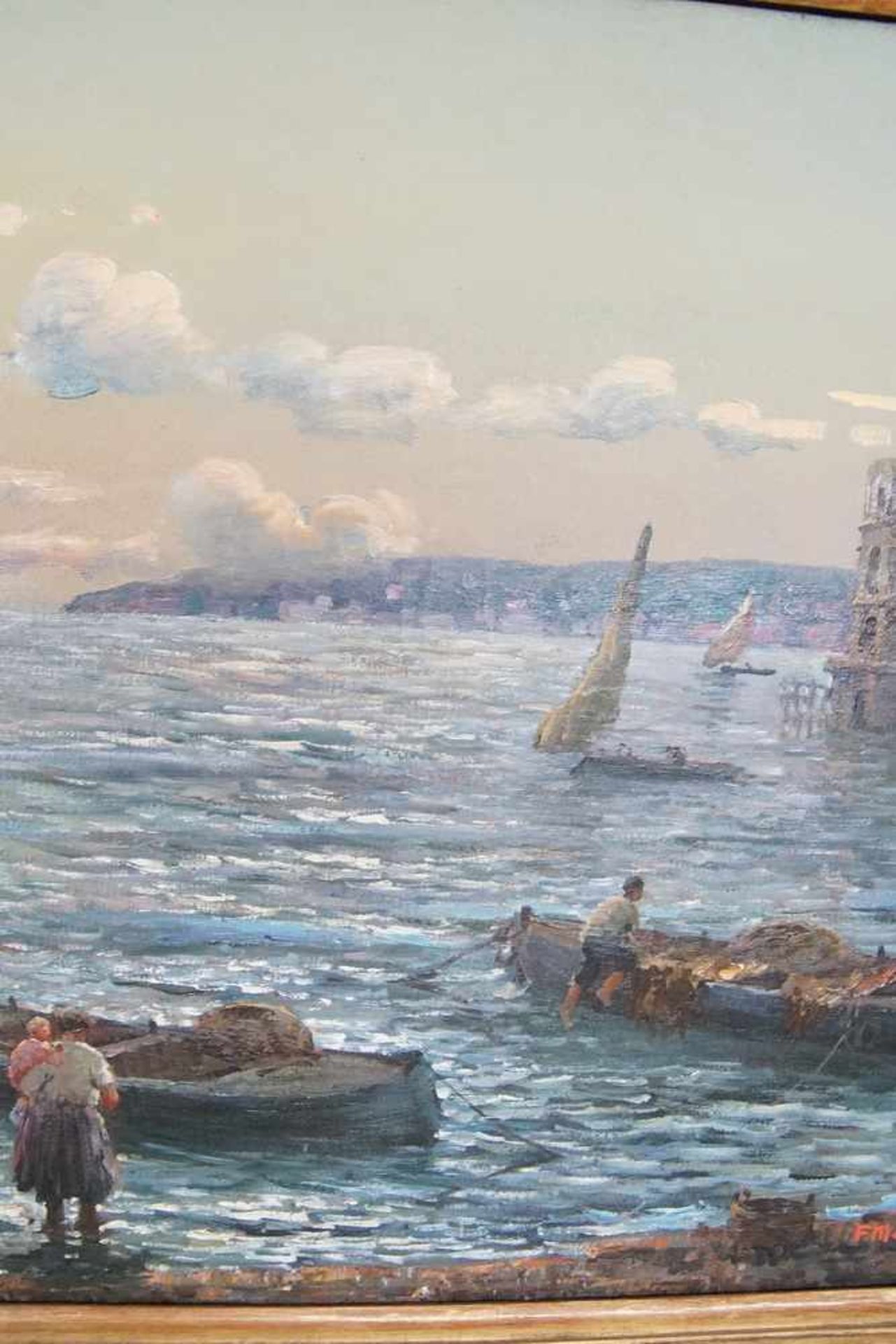 Fischer im Hafen Marina di Napoli, Öl auf Leinwand, gerahmt, signiert, plakettiert, F.Morello, verso - Bild 10 aus 13