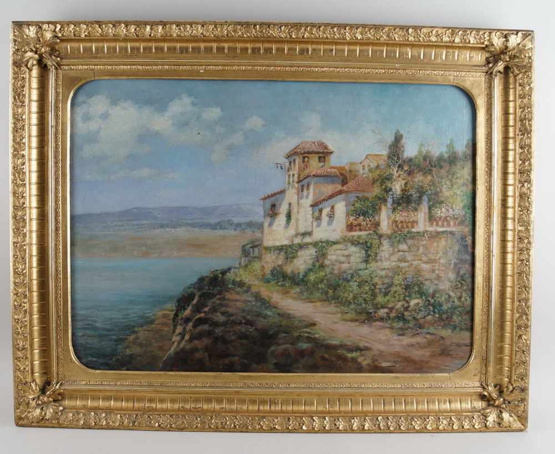 Mediterrane Küstenlandschaft mit Haus am Meer, Italien, 19. JH, Öl auf Leinwand, gerahmt,84x110 - Bild 2 aus 9