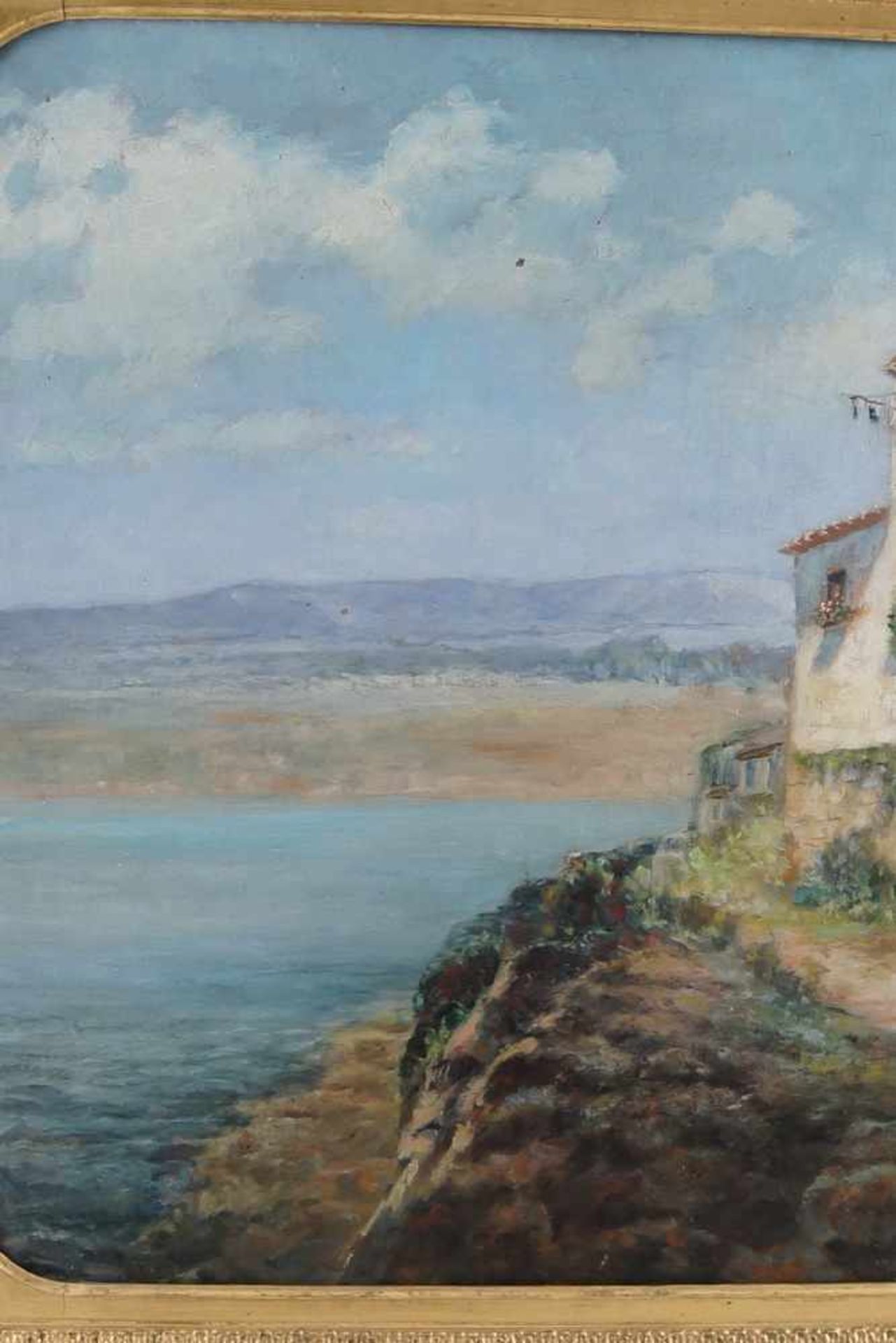 Mediterrane Küstenlandschaft mit Haus am Meer, Italien, 19. JH, Öl auf Leinwand, gerahmt,84x110 - Bild 5 aus 9