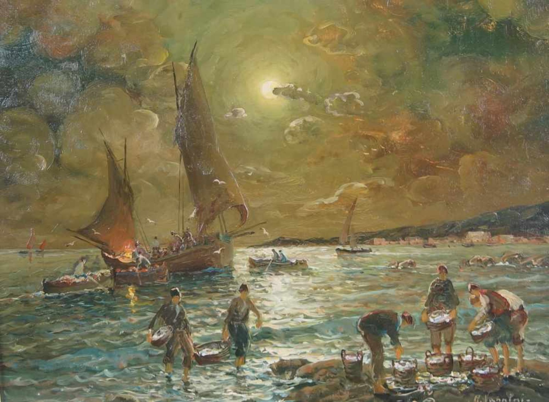 Fischer im neapolitanischen Hafen bei Nacht, Öl auf Sperrholz, gerahmt, signiert, A.Vanini, 50x59cm- - Bild 6 aus 7