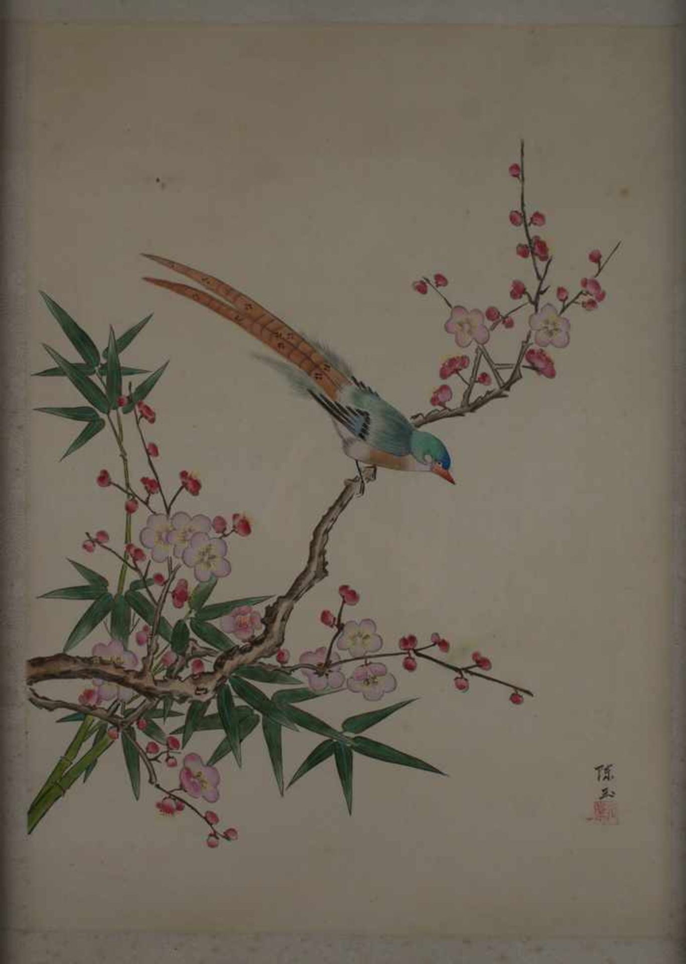 Paar asiatische Stilleben auf Stoff gemalt, farbenprächtige Vögel auf blühenden Ästen,bezeichnet, o. - Image 6 of 8
