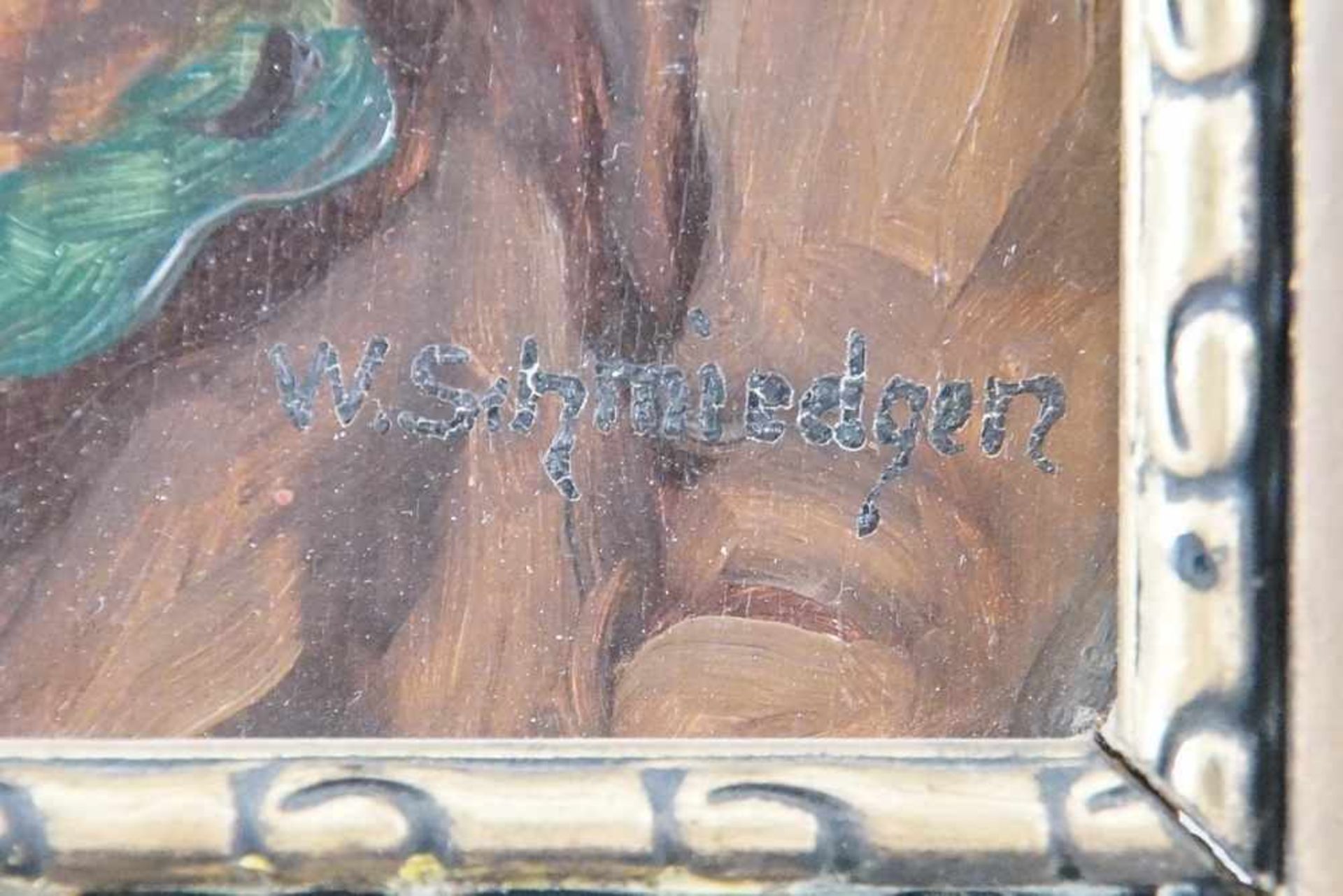 Jäger mit Hut und Pfeiffe, Öl auf Holz, gerahmt, signiert, W. Schmiedgen, 30x26cm- - -24.00 % - Bild 3 aus 5