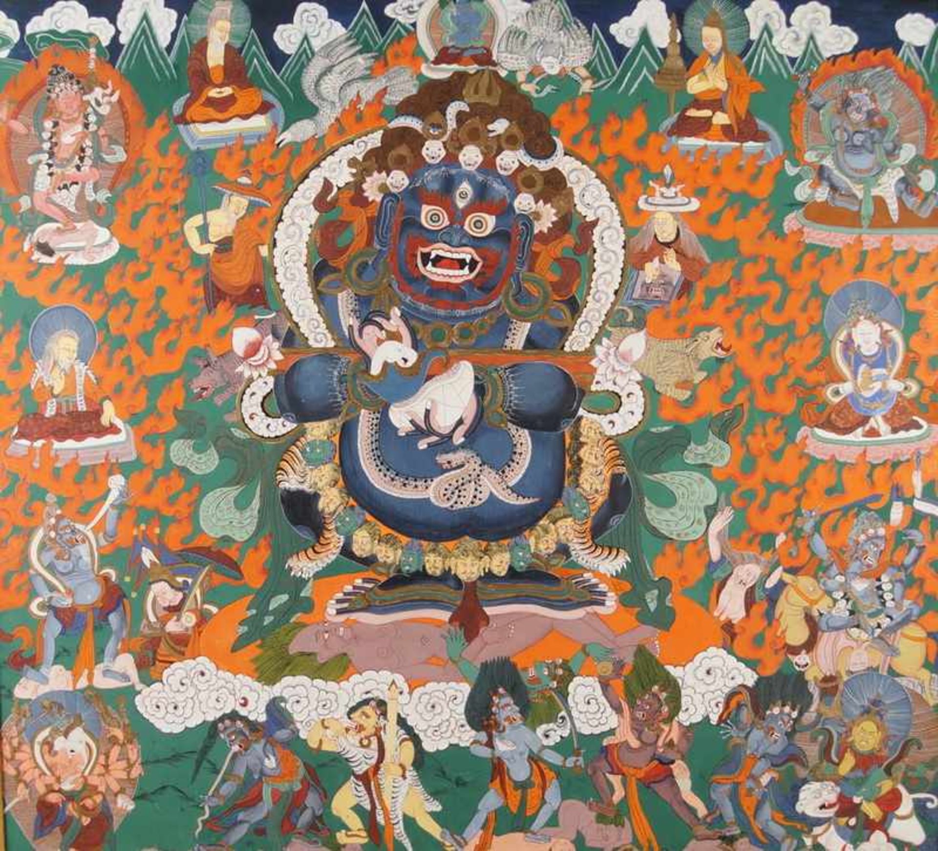 Tibetanische Thanka / Thanga auf zartem Stoff gemalen, fixiert auf Holzplatte, sehrfiligran, wohl um - Bild 2 aus 11