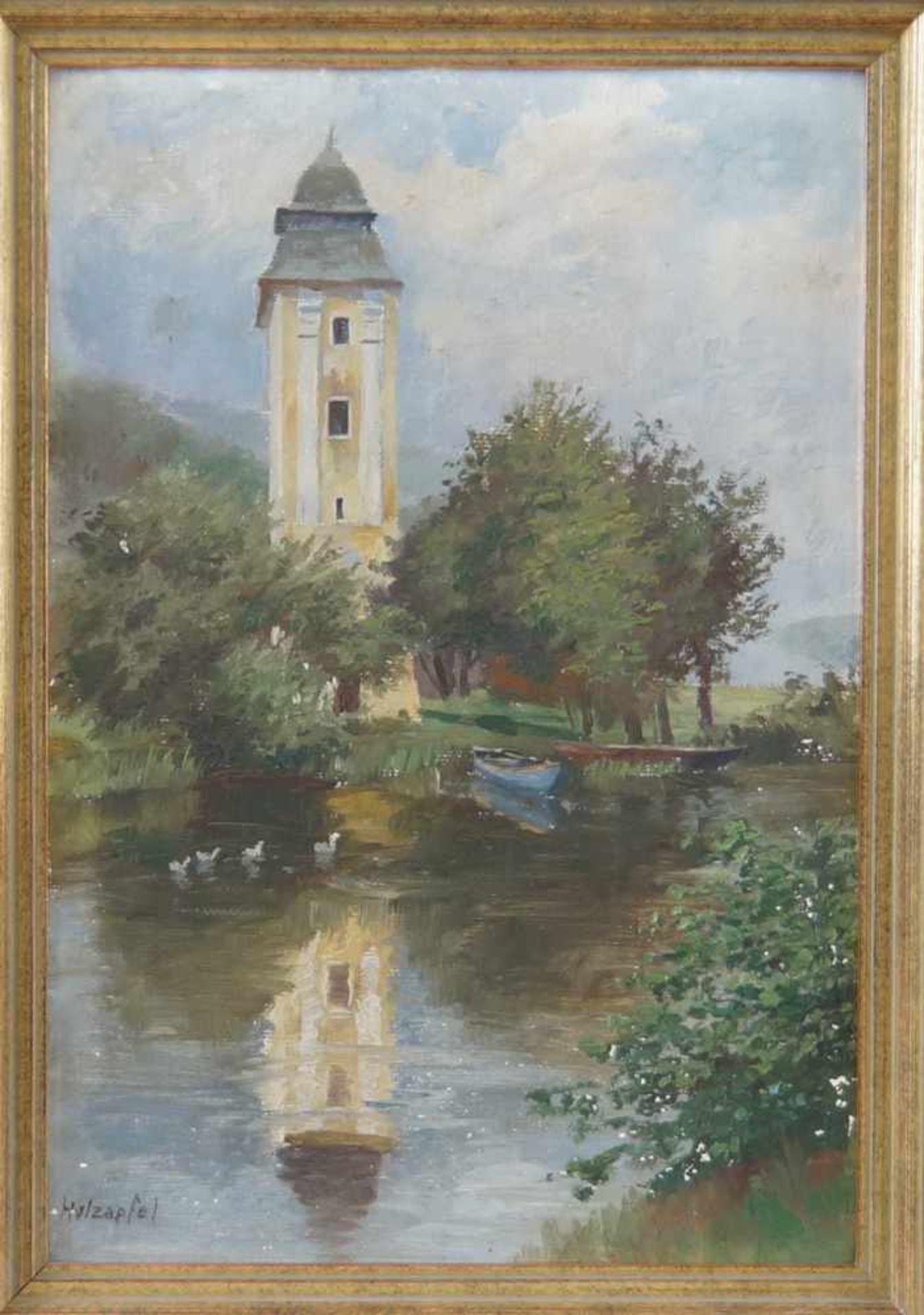 Hans Holzapfel, 1884- 1960 München, Wasserturm am Gewässer, Öl auf Malkarton, gerahmt,signiert, - Bild 2 aus 9