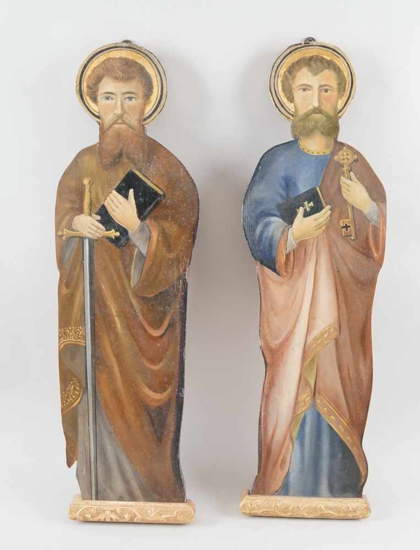 Peter und Paul, heiliger Petrus und Paulus, bemalte Holztafeln, 19. JH, geschnitzt, H 68cm- - -24.00
