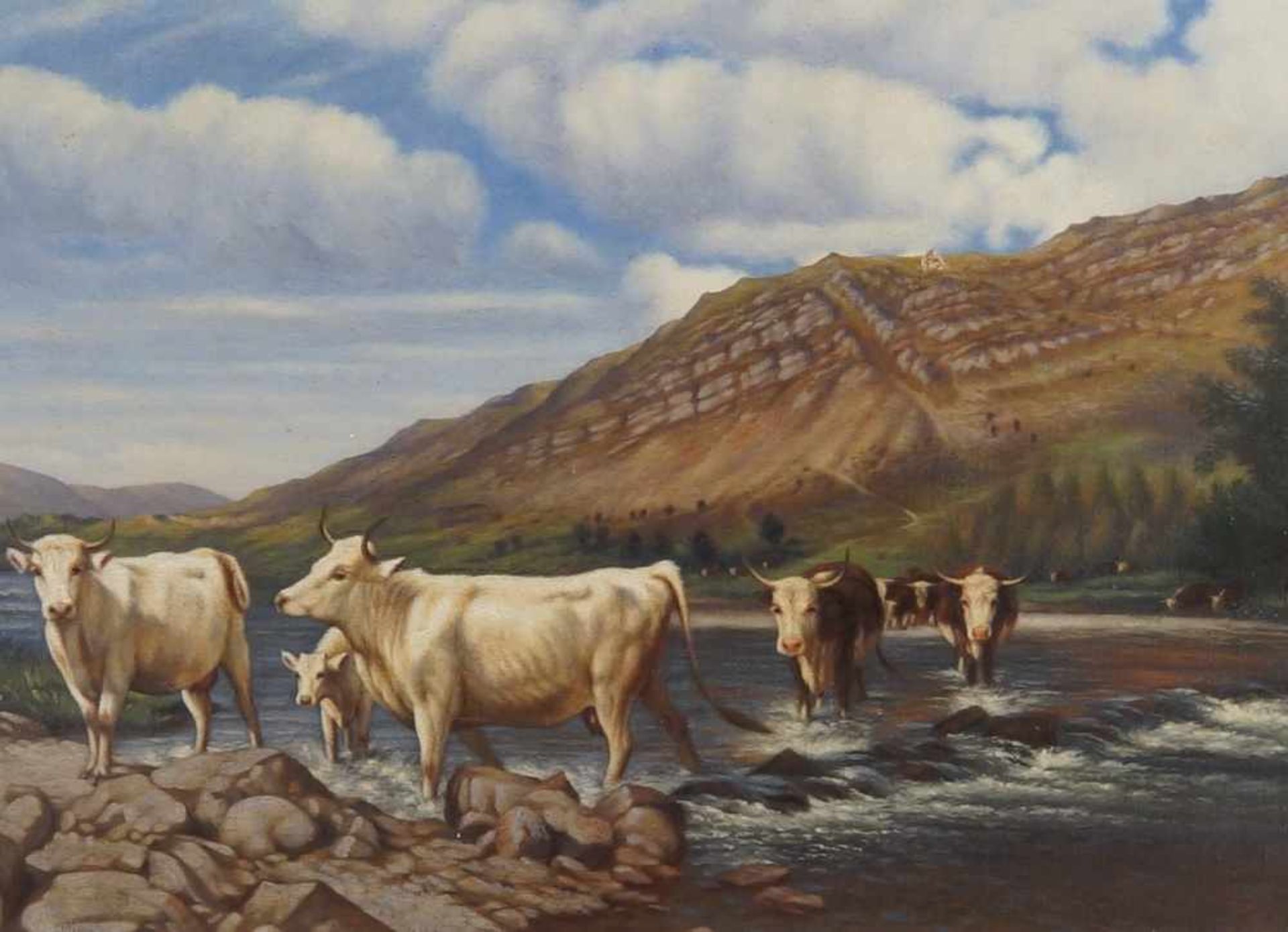 Kühe am Fluss, auf der Rückseite bezeichnet, Öl auf Leinwand, gerahmt, besch., 45x76cm- - -24.00 % - Bild 5 aus 7