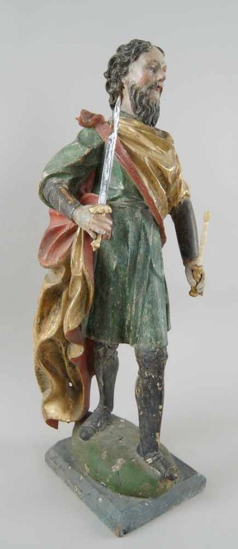 Stehender König, Holz geschnitzte und gefasste Skulptur, 18. JH, H 58 cm- - -24.00 % buyer's premium