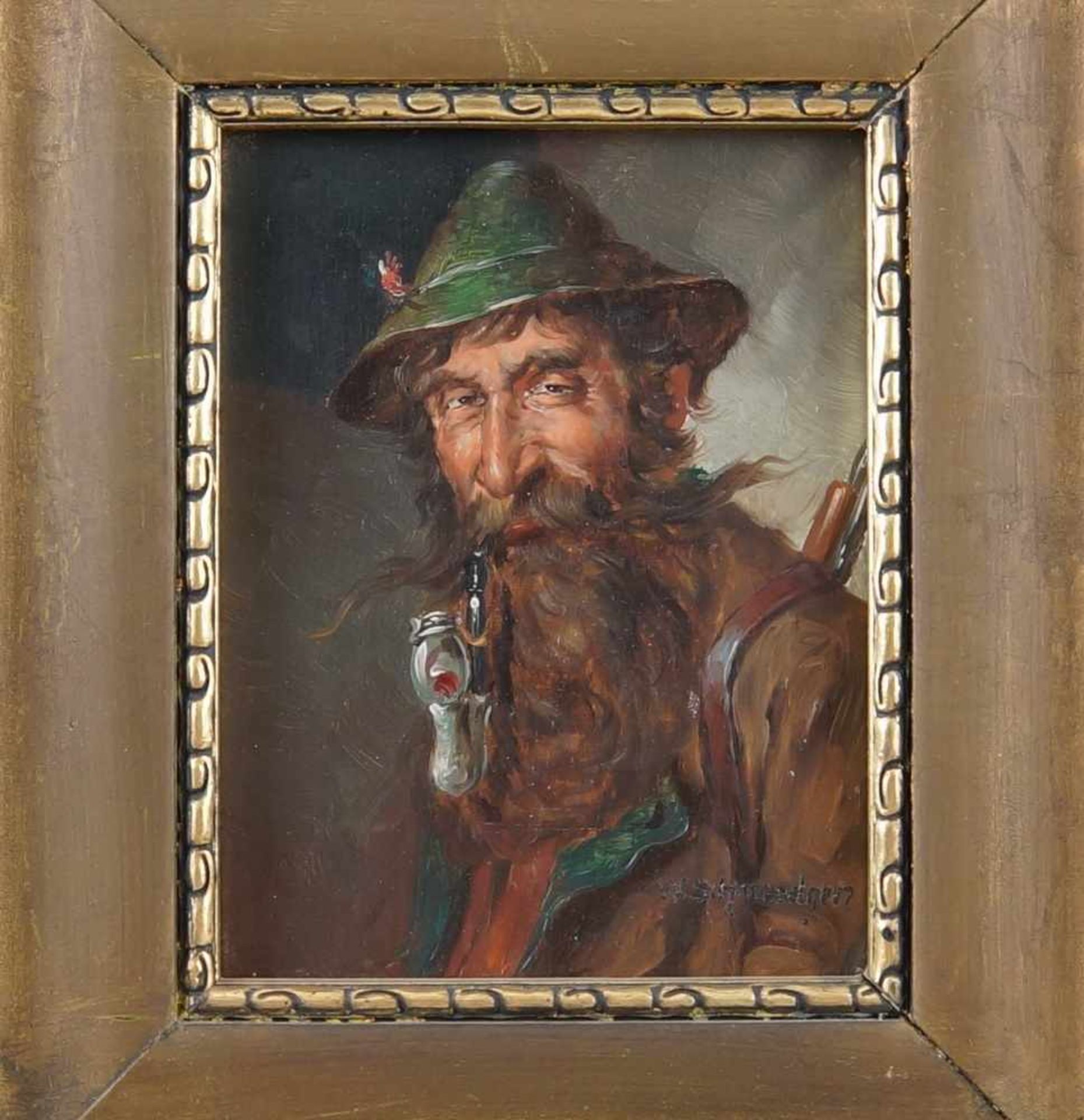 Jäger mit Hut und Pfeiffe, Öl auf Holz, gerahmt, signiert, W. Schmiedgen, 30x26cm- - -24.00 % - Bild 2 aus 5