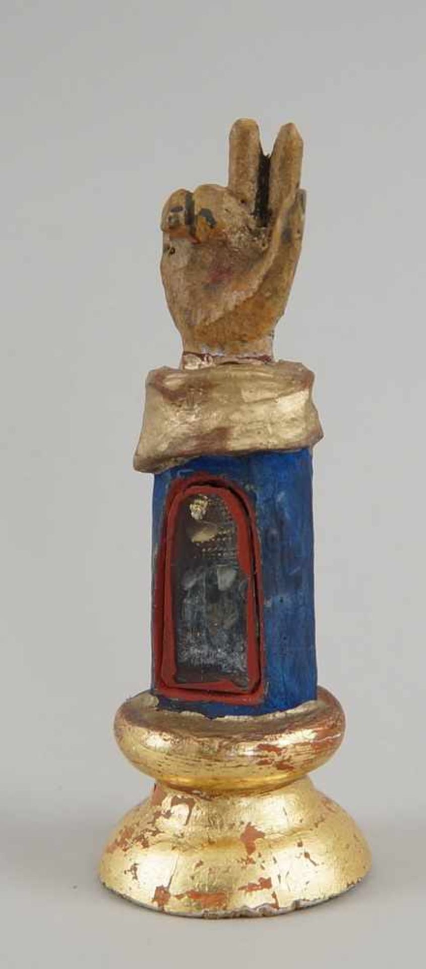 Reliquien Hand, Holz geschnitzt und gefasst, mit Reliquie hinter Glas, H 12cm- - -24.00 % buyer's - Bild 4 aus 7