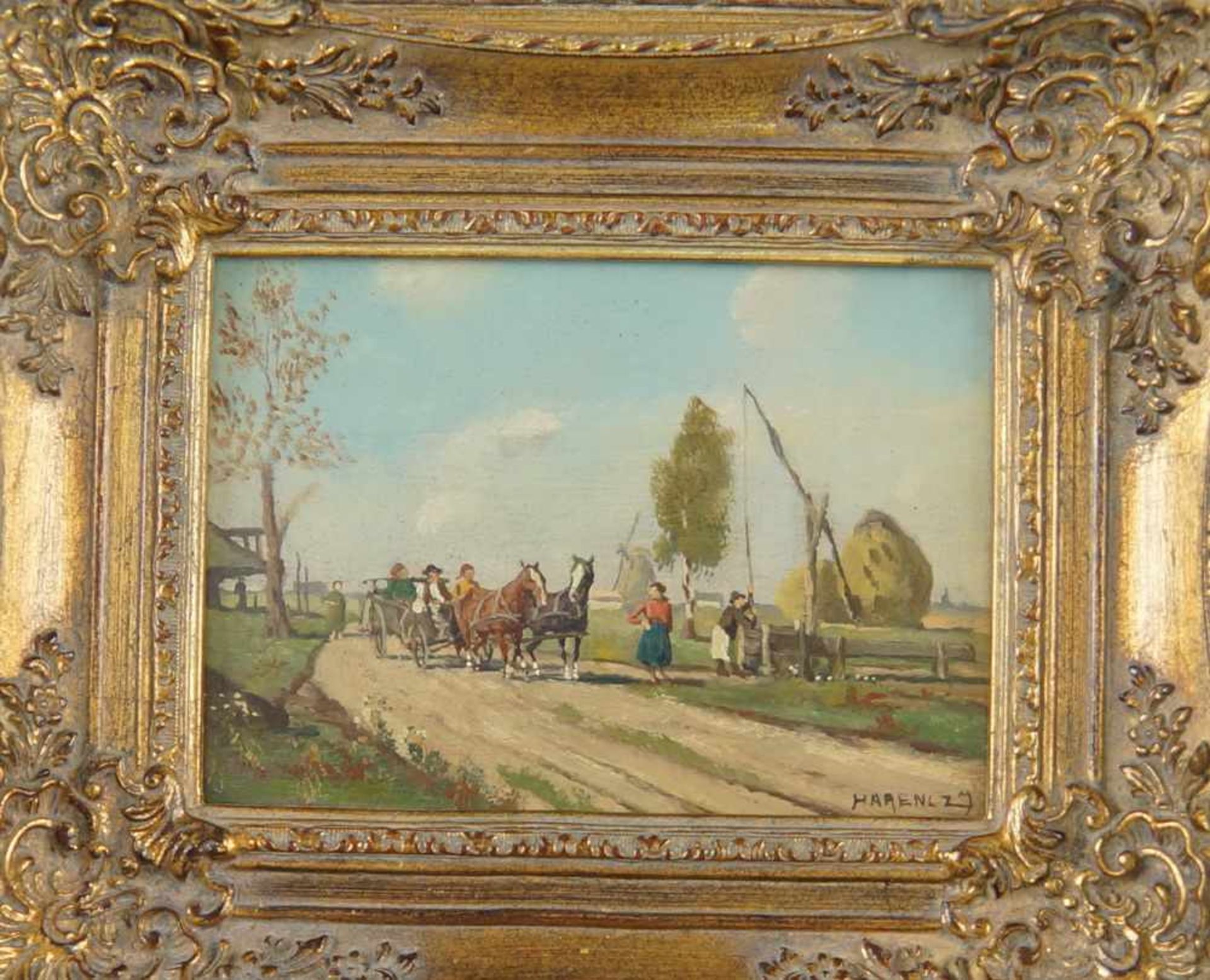 Pferdekutsche mit Personenstaffage, Öl auf Holz, gerahmt, signiert, 25x30cm- - -24.00 % buyer's - Bild 2 aus 6