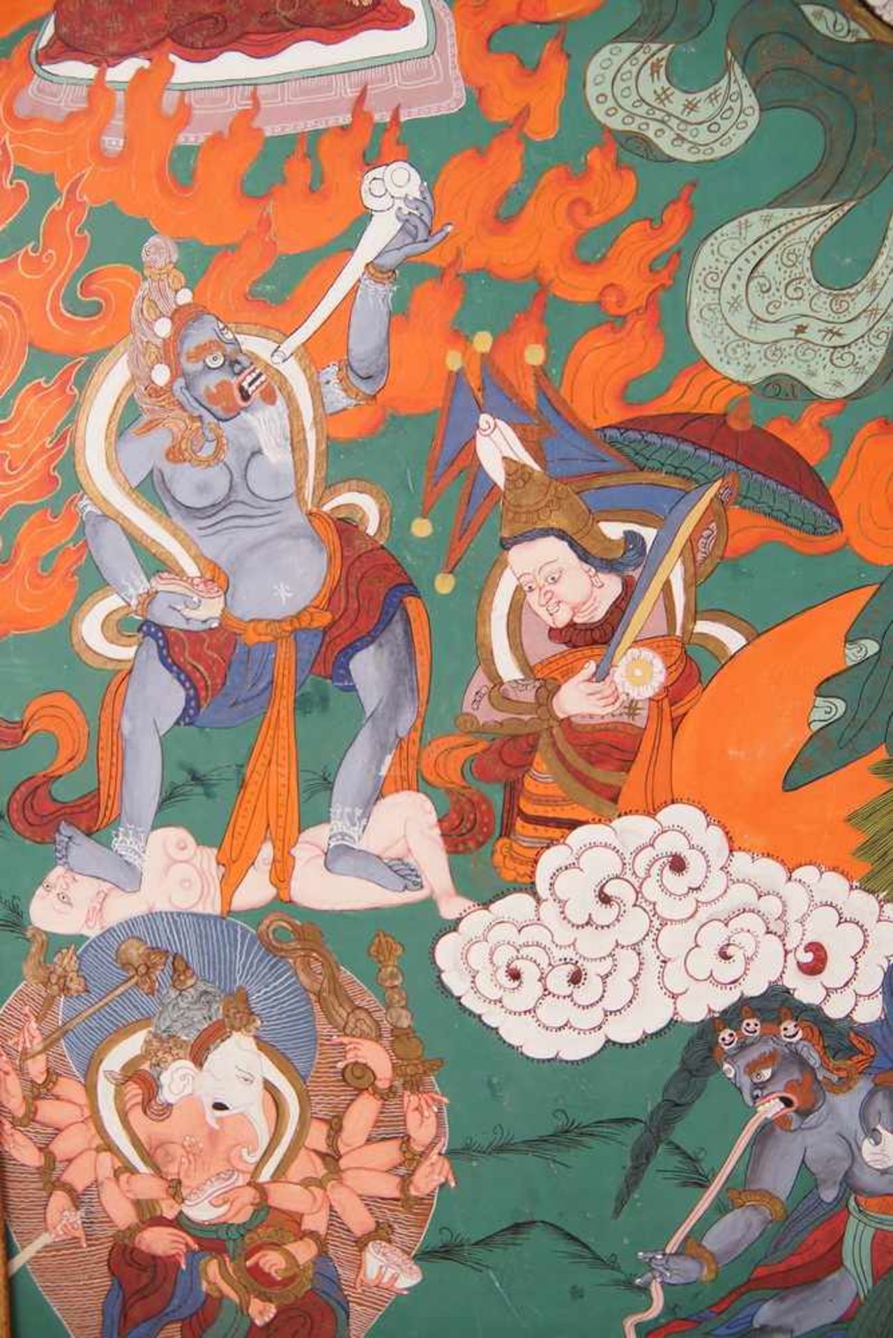 Tibetanische Thanka / Thanga auf zartem Stoff gemalen, fixiert auf Holzplatte, sehrfiligran, wohl um - Bild 11 aus 11