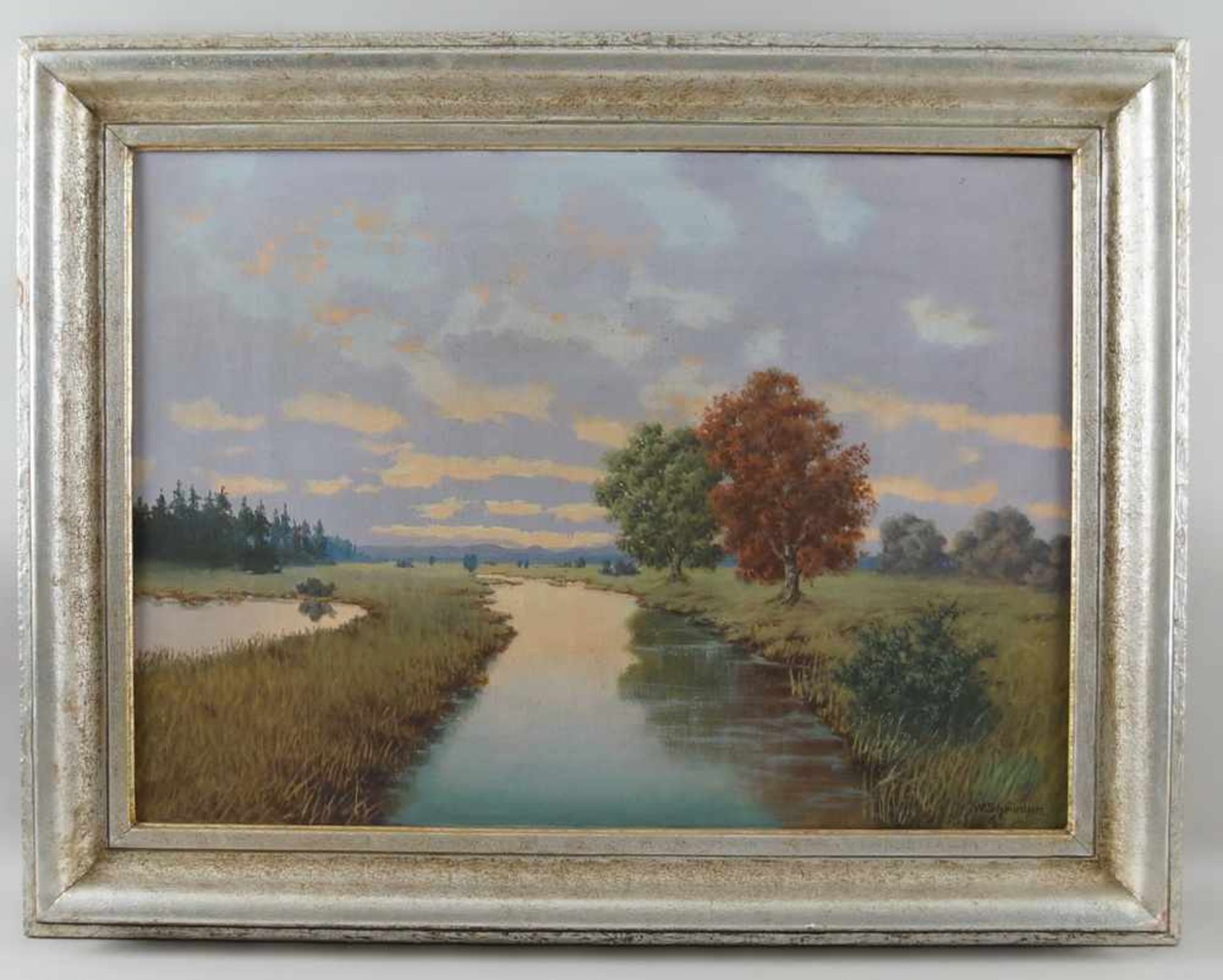 Landschaft mit Fluss, Öl auf Leinwand, gerahmt, signiert, W. Schmiedgen, 66,5x80 cm- - -24.00 %