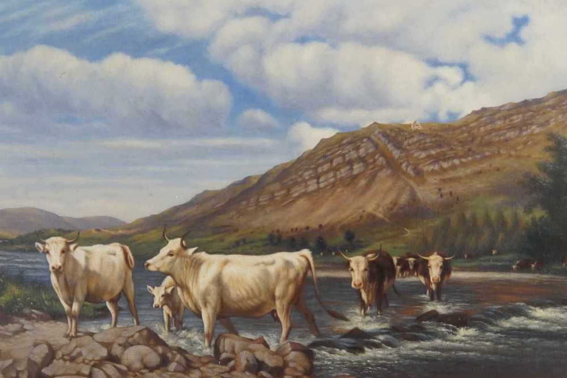 Kühe am Fluss, auf der Rückseite bezeichnet, Öl auf Leinwand, gerahmt, besch., 45x76cm- - -24.00 % - Bild 3 aus 7
