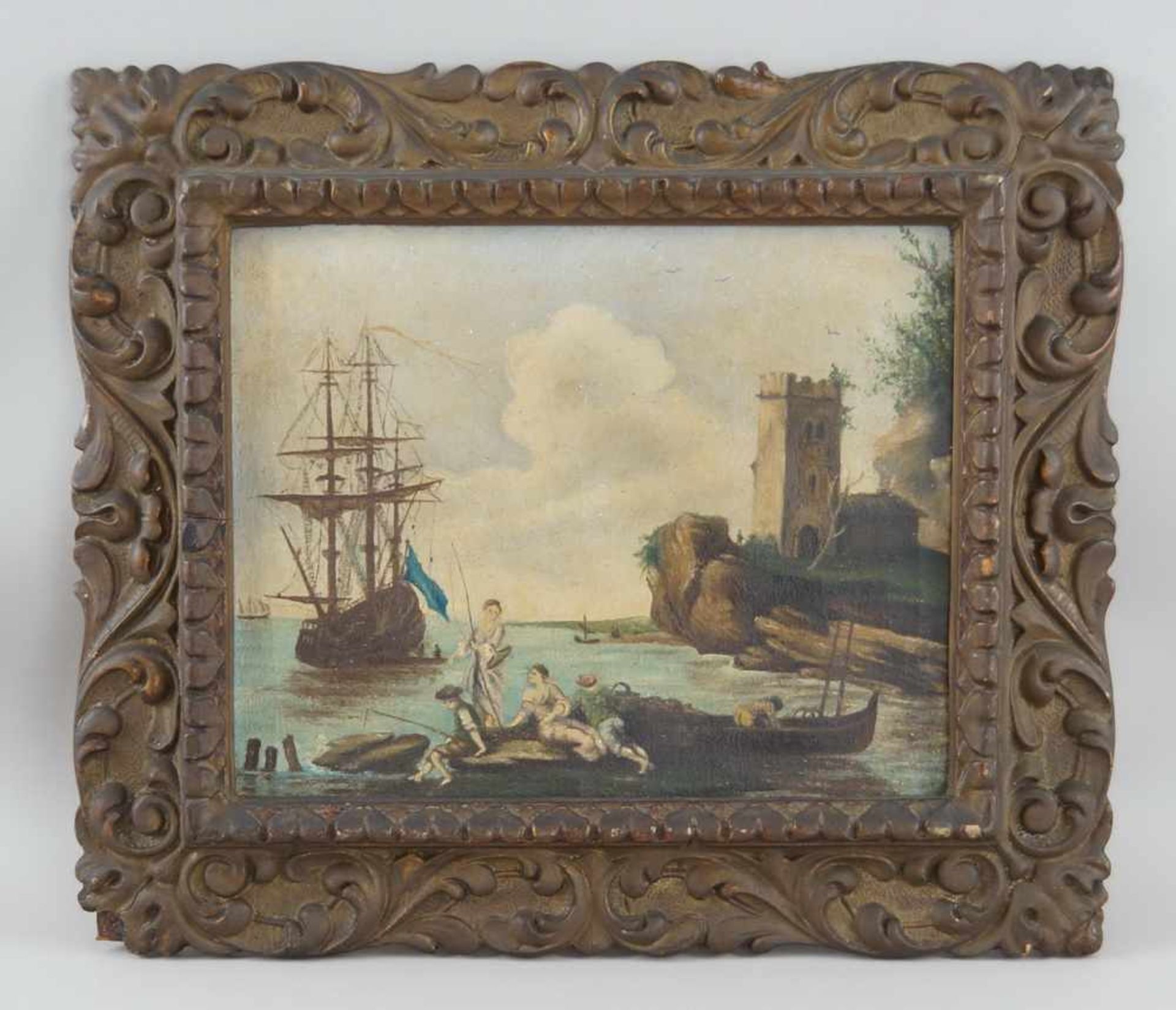 Neapolitanische Hafenstadt mit Segelboot, Öl auf Leinwand, geschnitzter Prunkrahmen, 19.JH,