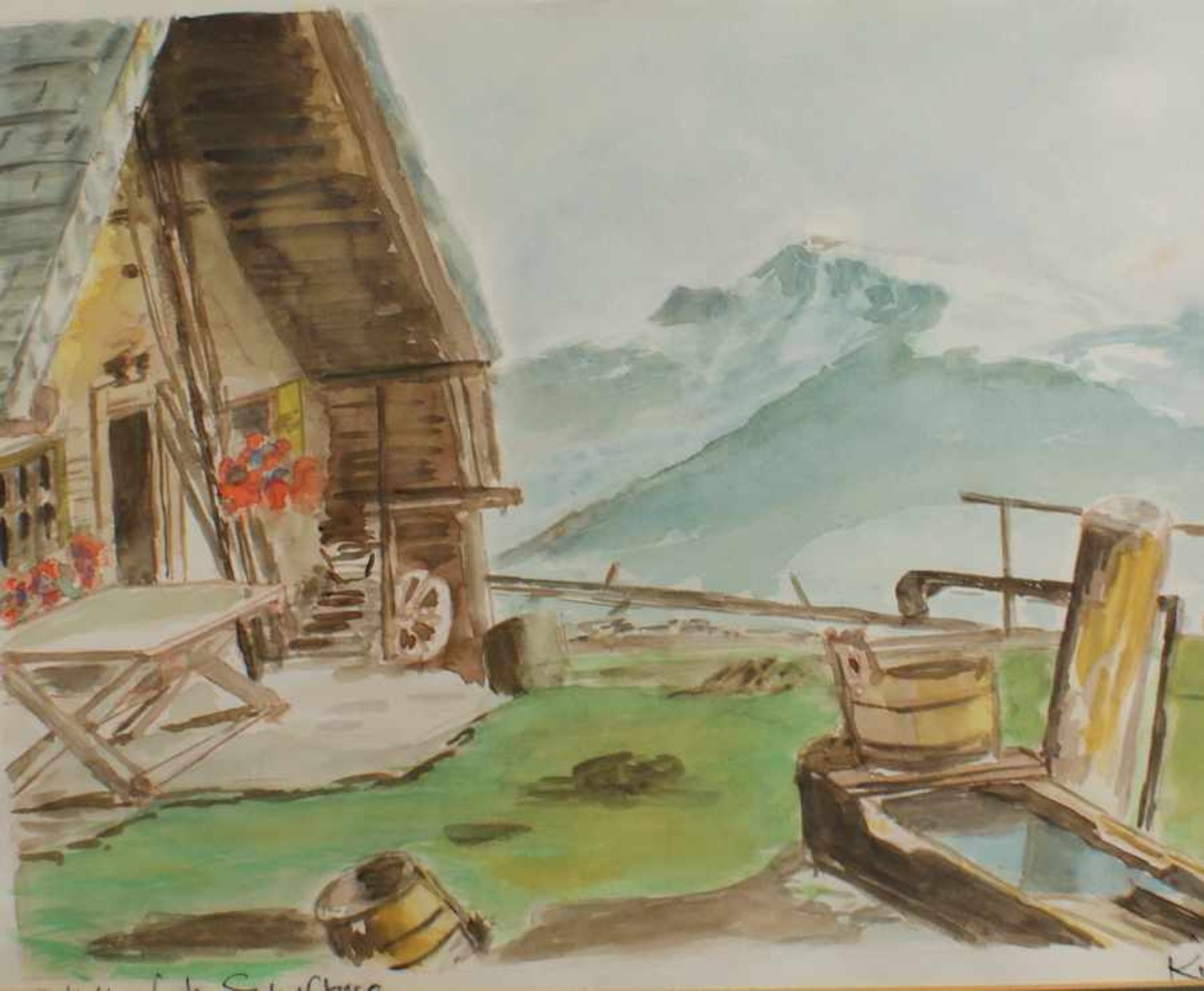 Almhütte mit Blick auf den Schafberg, Aquarell, sign. Kritz, ger., 49,5 x 59,5 cm- - -24.00 % - Bild 2 aus 4