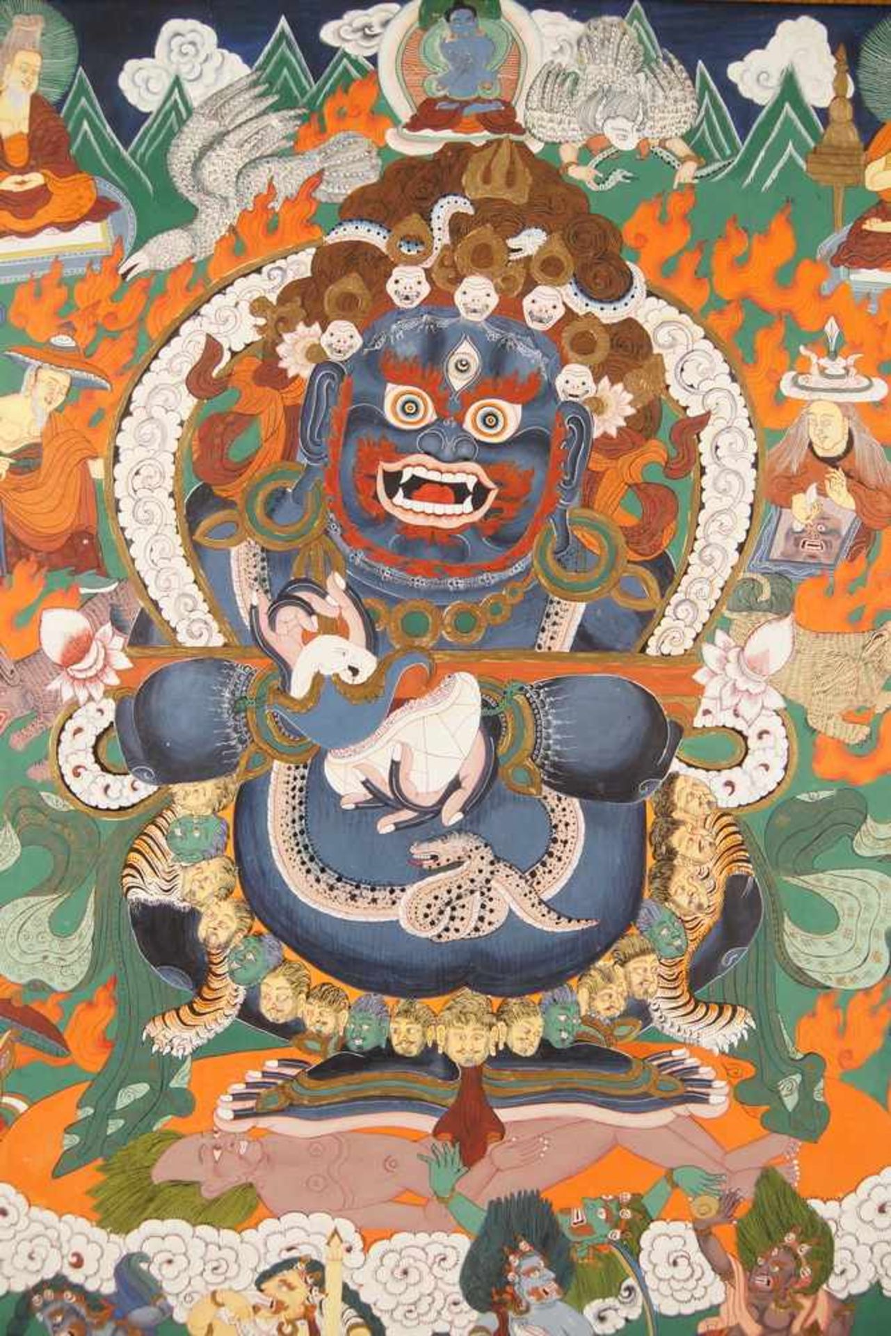 Tibetanische Thanka / Thanga auf zartem Stoff gemalen, fixiert auf Holzplatte, sehrfiligran, wohl um - Bild 6 aus 11