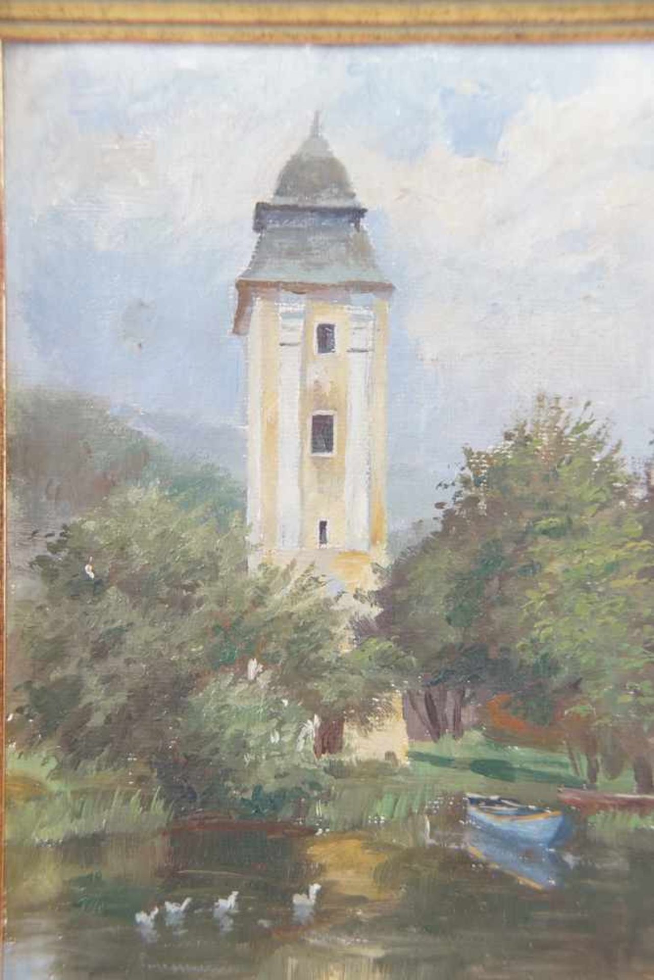 Hans Holzapfel, 1884- 1960 München, Wasserturm am Gewässer, Öl auf Malkarton, gerahmt,signiert, - Bild 5 aus 9