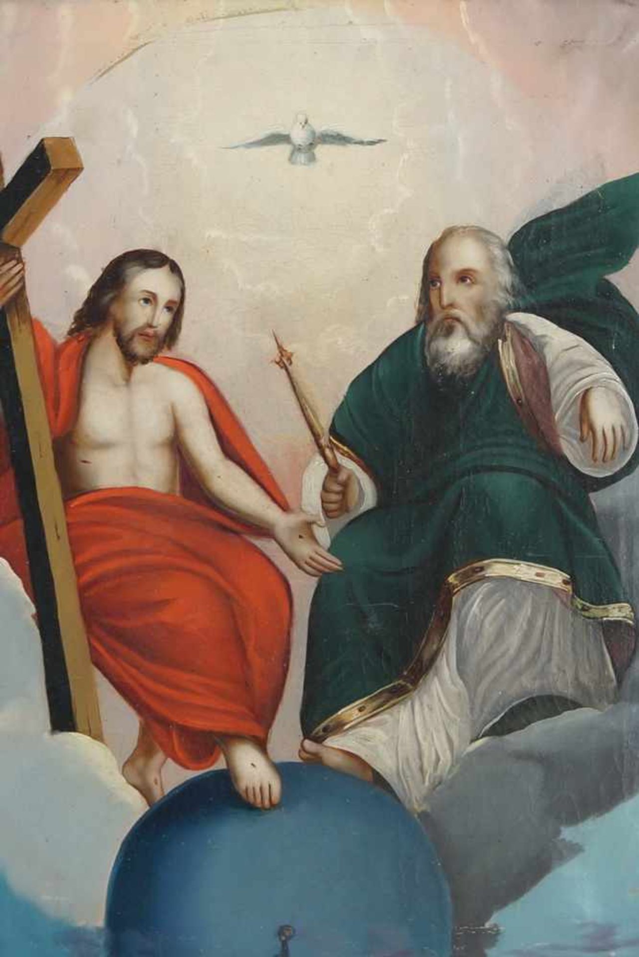 Feine Darstellung der heiligen Dreifaltigkeit, Öl auf Leinwand, 19. JH, 69x55cm- - -24.00 % buyer' - Bild 2 aus 4