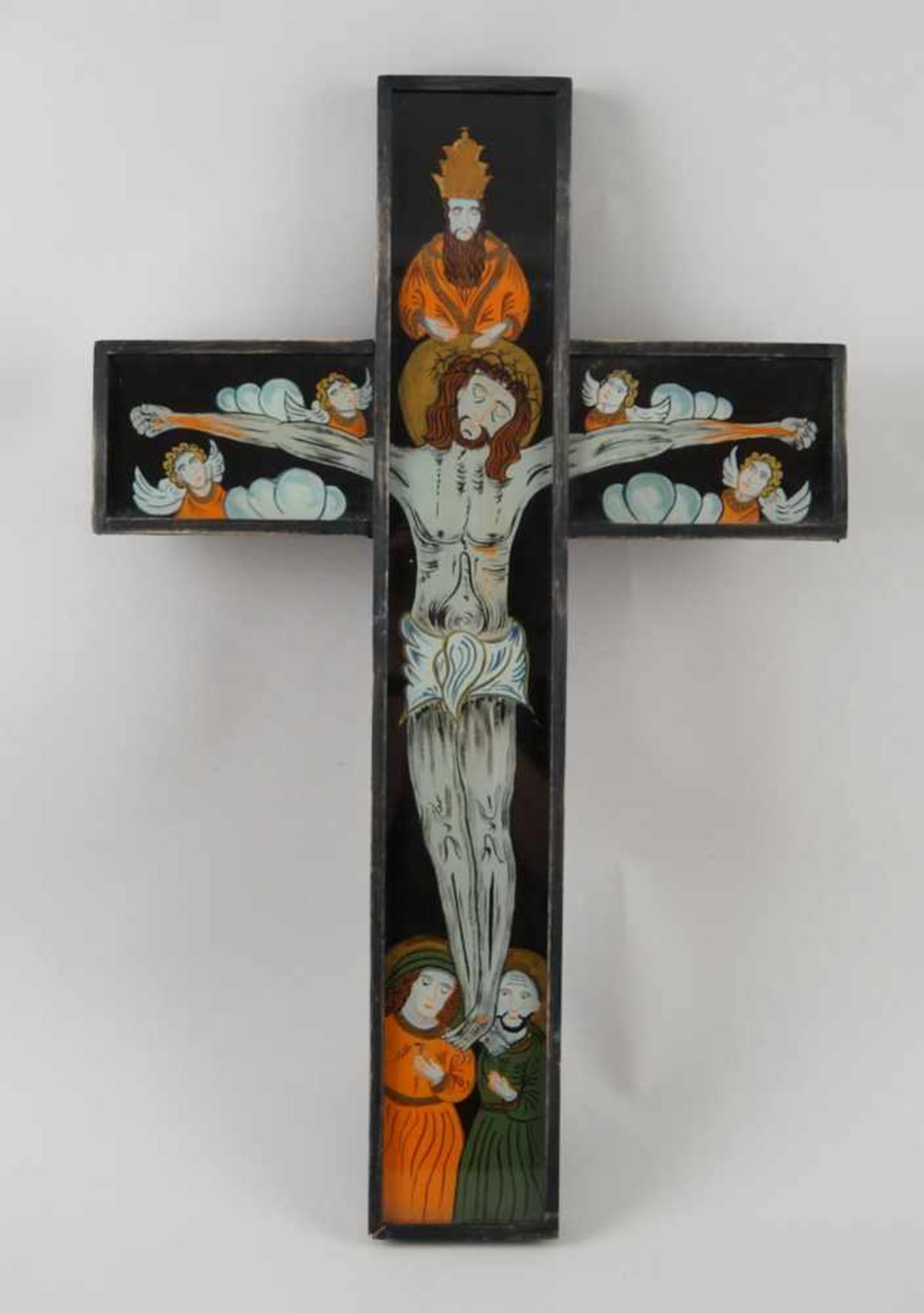 Kruzifix, Holzkorpus mit Hinterglasmalerei, 65x40cm- - -24.00 % buyer's premium on the hammer