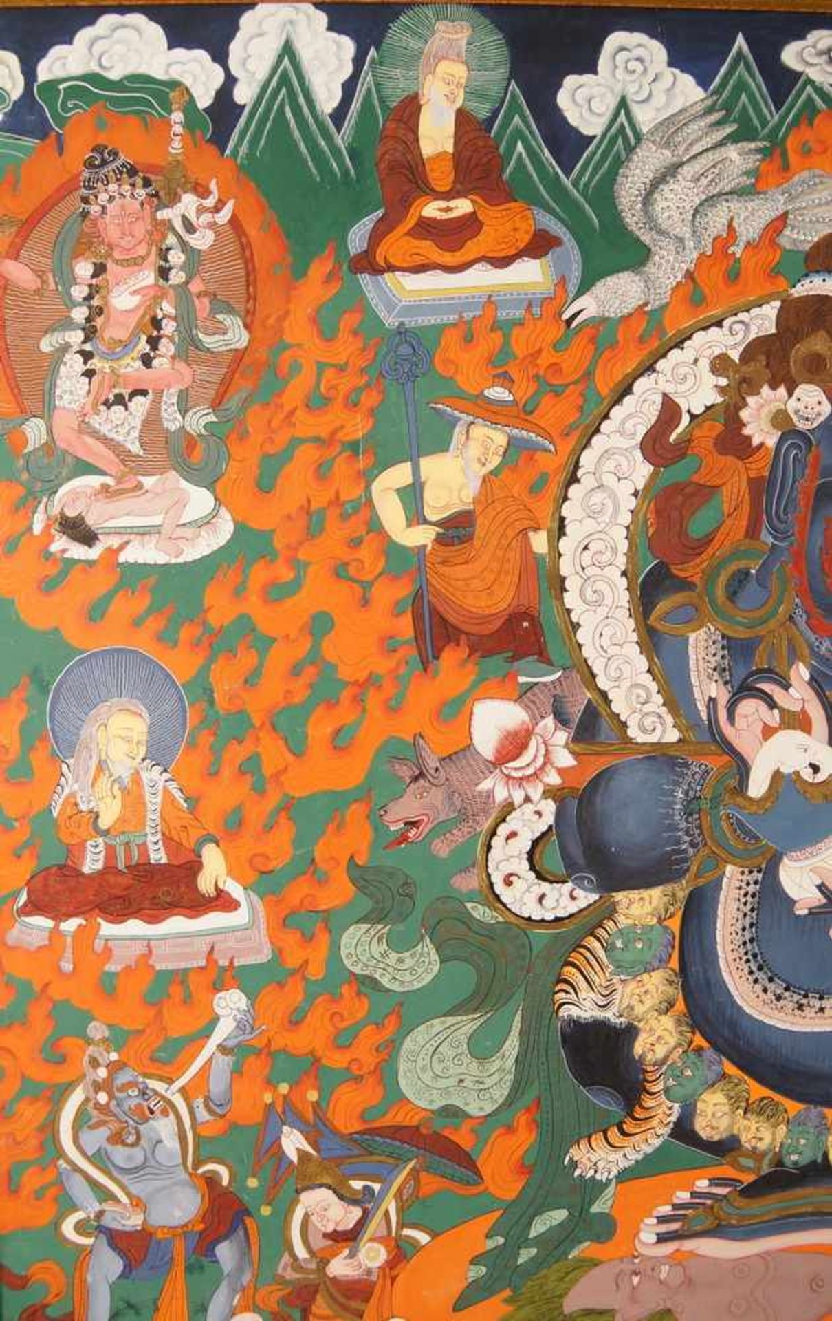 Tibetanische Thanka / Thanga auf zartem Stoff gemalen, fixiert auf Holzplatte, sehrfiligran, wohl um - Bild 4 aus 11
