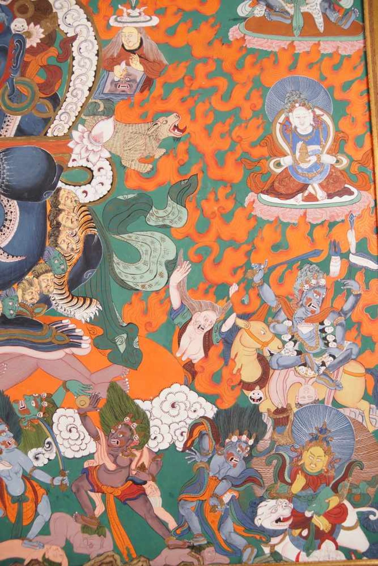 Tibetanische Thanka / Thanga auf zartem Stoff gemalen, fixiert auf Holzplatte, sehrfiligran, wohl um - Bild 8 aus 11