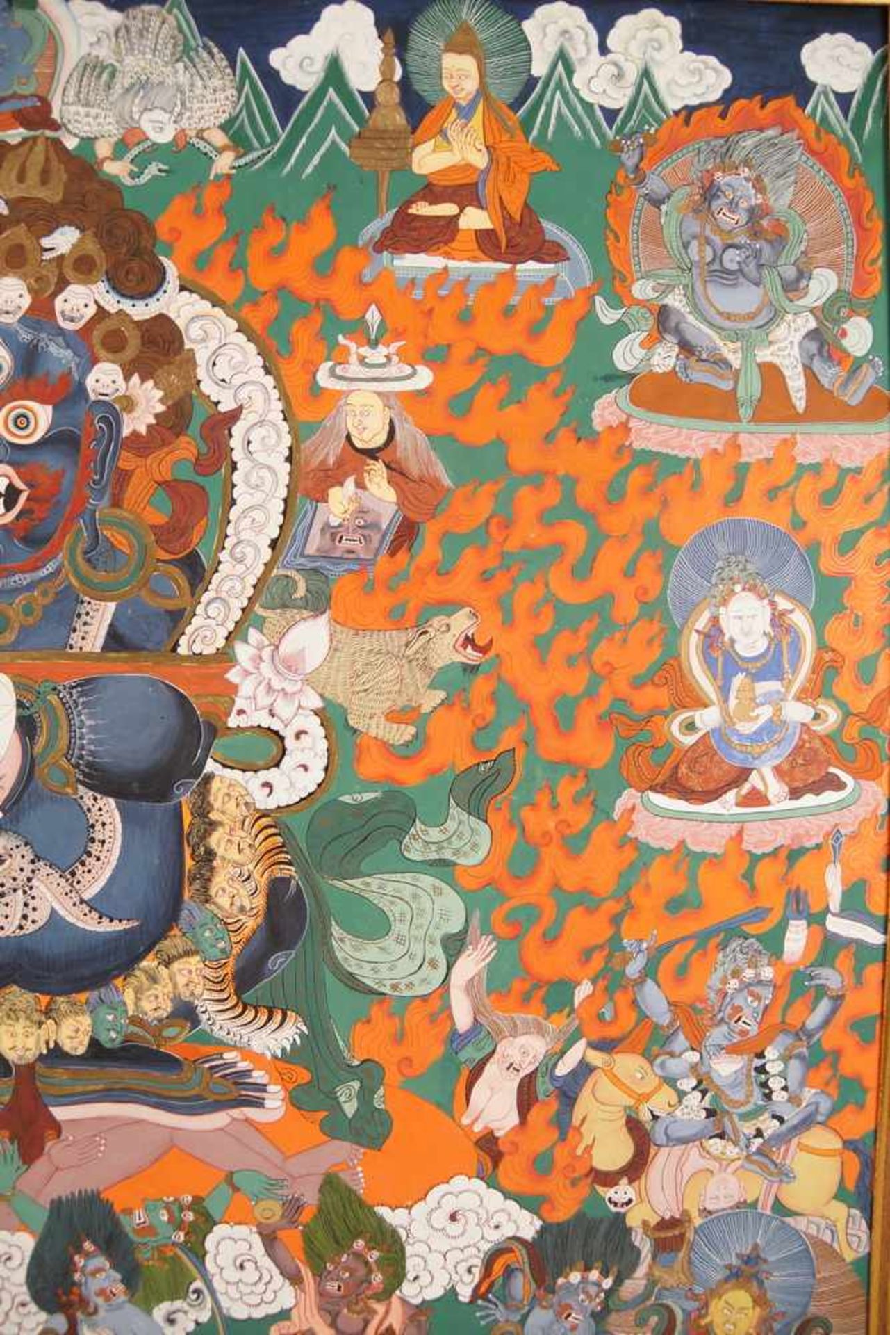 Tibetanische Thanka / Thanga auf zartem Stoff gemalen, fixiert auf Holzplatte, sehrfiligran, wohl um - Bild 7 aus 11