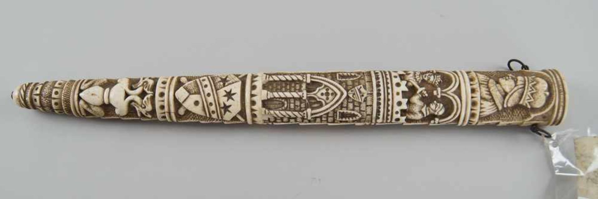 Schwert mit fein geschnitzter Scheide und Griff aus Elfenbein, Klinge aus Eisen, 19. JH,mit Zettel - Bild 10 aus 11