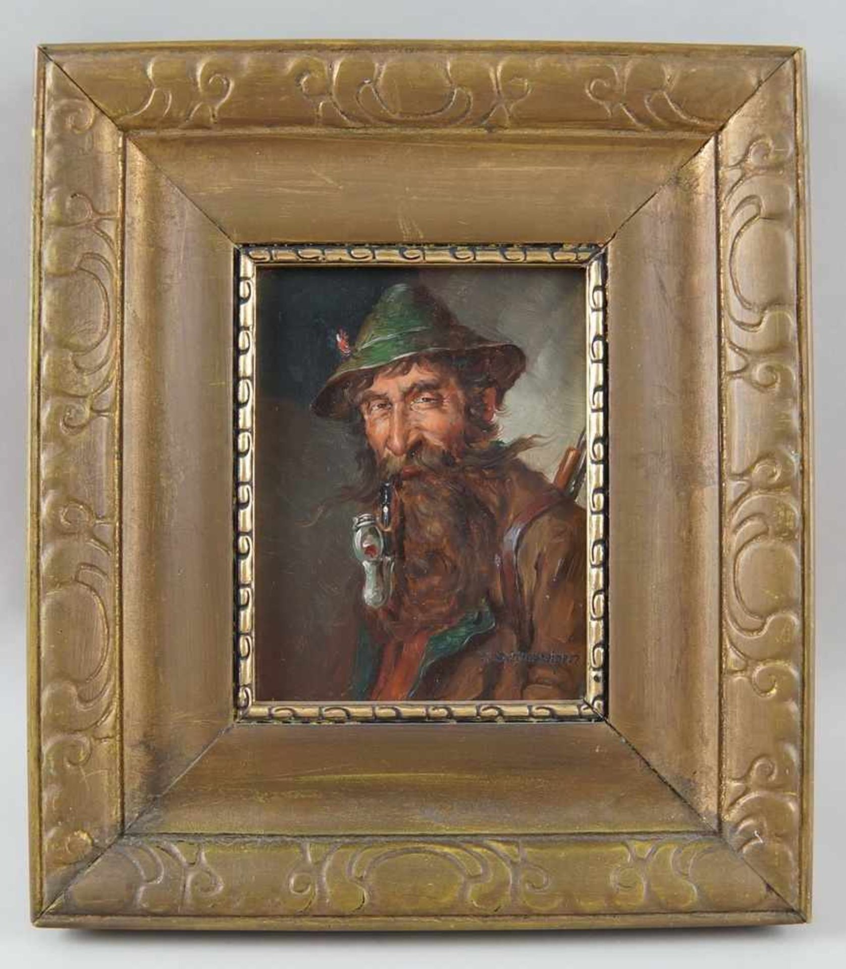 Jäger mit Hut und Pfeiffe, Öl auf Holz, gerahmt, signiert, W. Schmiedgen, 30x26cm- - -24.00 %