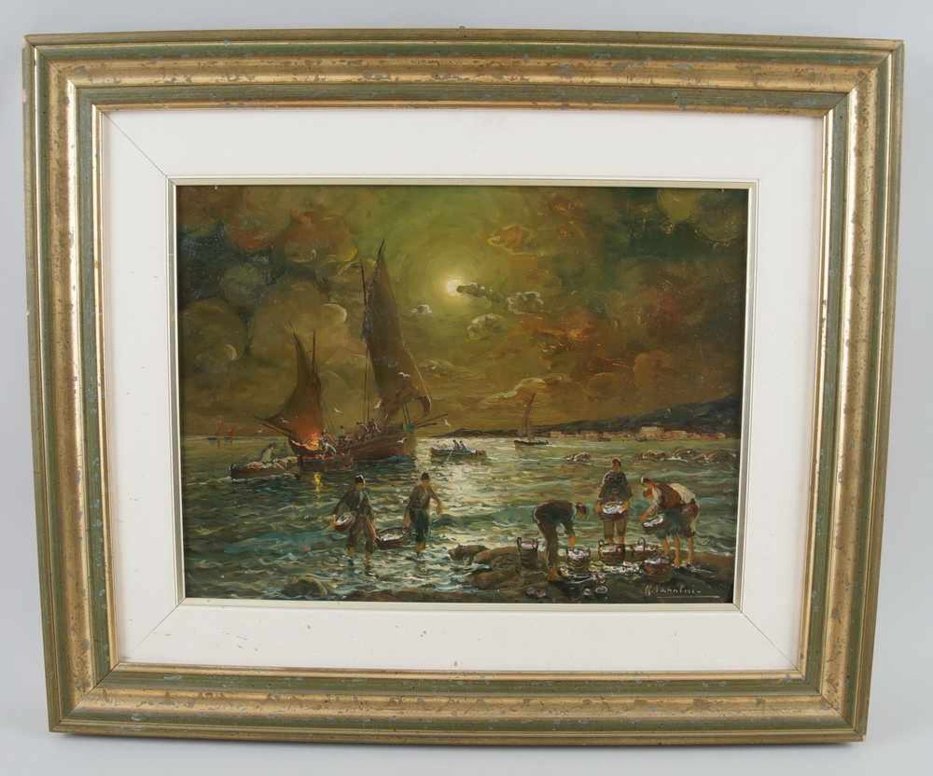 Fischer im neapolitanischen Hafen bei Nacht, Öl auf Sperrholz, gerahmt, signiert, A.Vanini, 50x59cm-