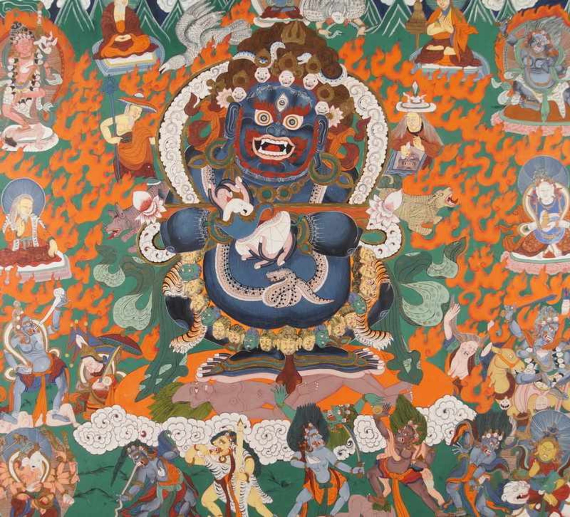 Tibetanische Thanka / Thanga auf zartem Stoff gemalen, fixiert auf Holzplatte, sehrfiligran, wohl um - Bild 3 aus 11