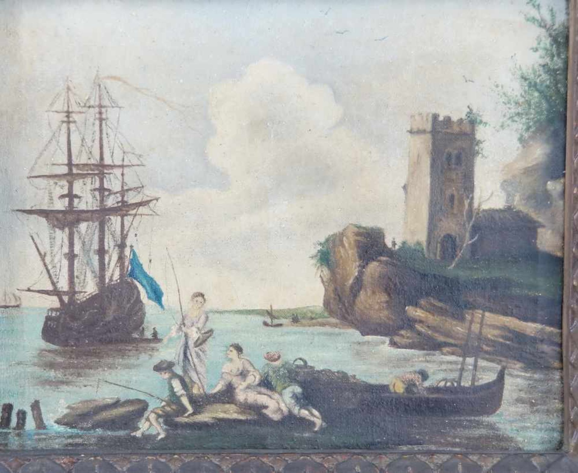 Neapolitanische Hafenstadt mit Segelboot, Öl auf Leinwand, geschnitzter Prunkrahmen, 19.JH, - Bild 2 aus 4