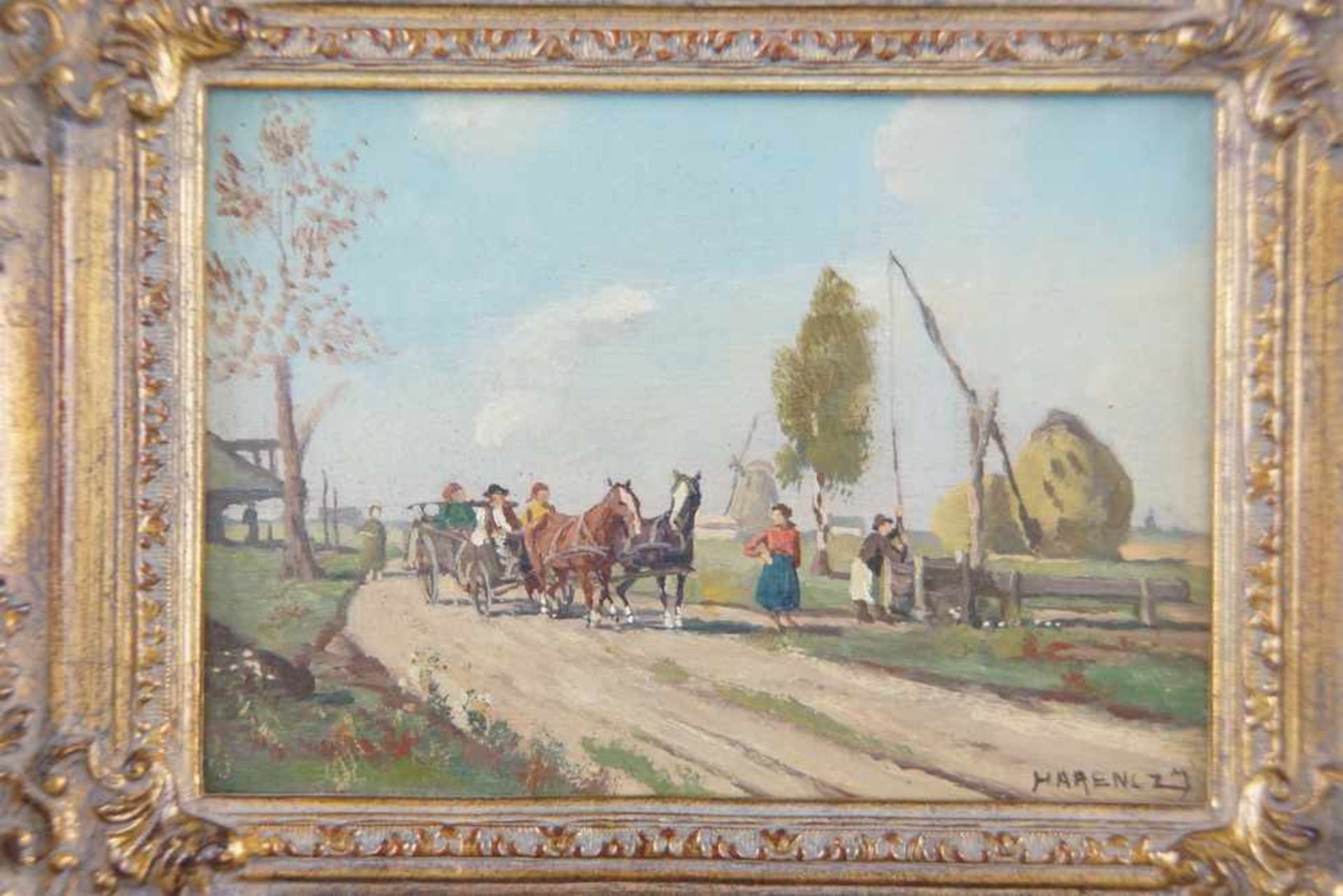 Pferdekutsche mit Personenstaffage, Öl auf Holz, gerahmt, signiert, 25x30cm- - -24.00 % buyer's - Bild 3 aus 6