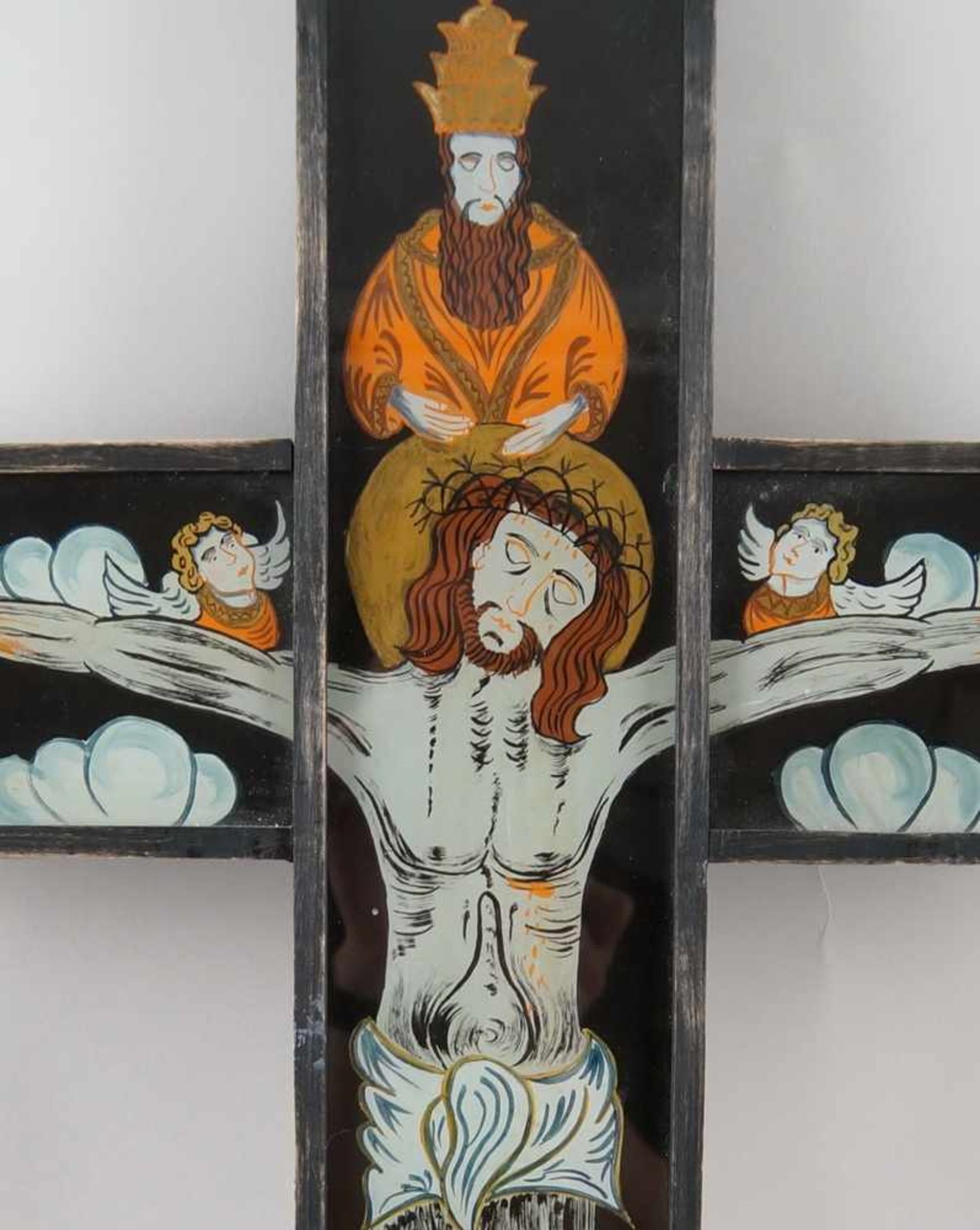 Kruzifix, Holzkorpus mit Hinterglasmalerei, 65x40cm- - -24.00 % buyer's premium on the hammer - Bild 5 aus 7