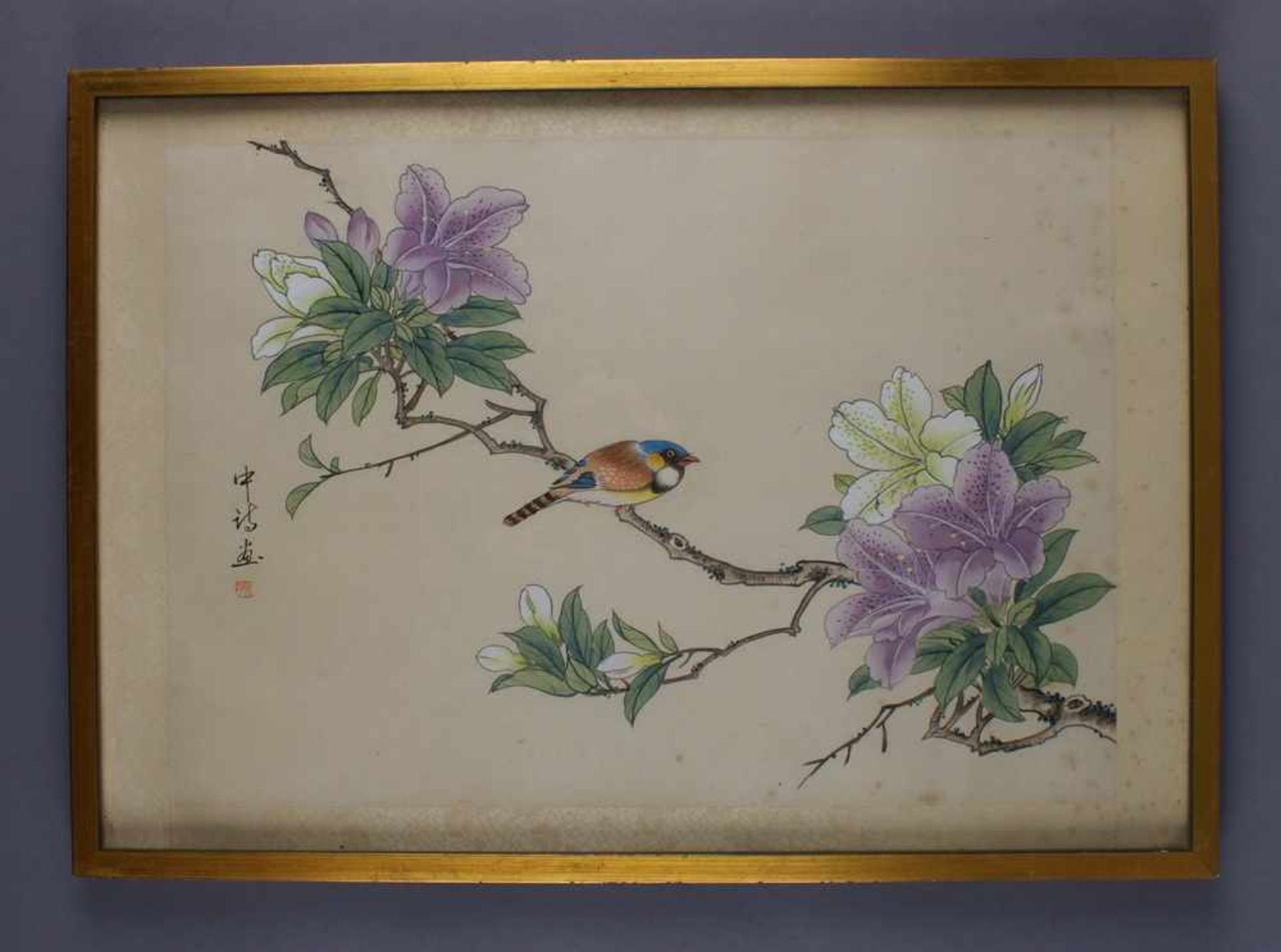 Paar asiatische Stilleben auf Stoff gemalt, farbenprächtige Vögel auf blühenden Ästen,bezeichnet, o. - Image 2 of 8