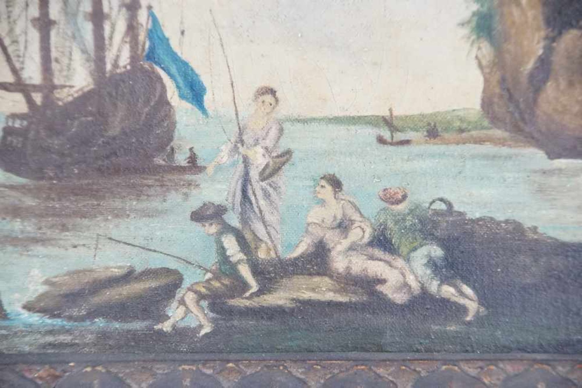 Neapolitanische Hafenstadt mit Segelboot, Öl auf Leinwand, geschnitzter Prunkrahmen, 19.JH, - Bild 3 aus 4