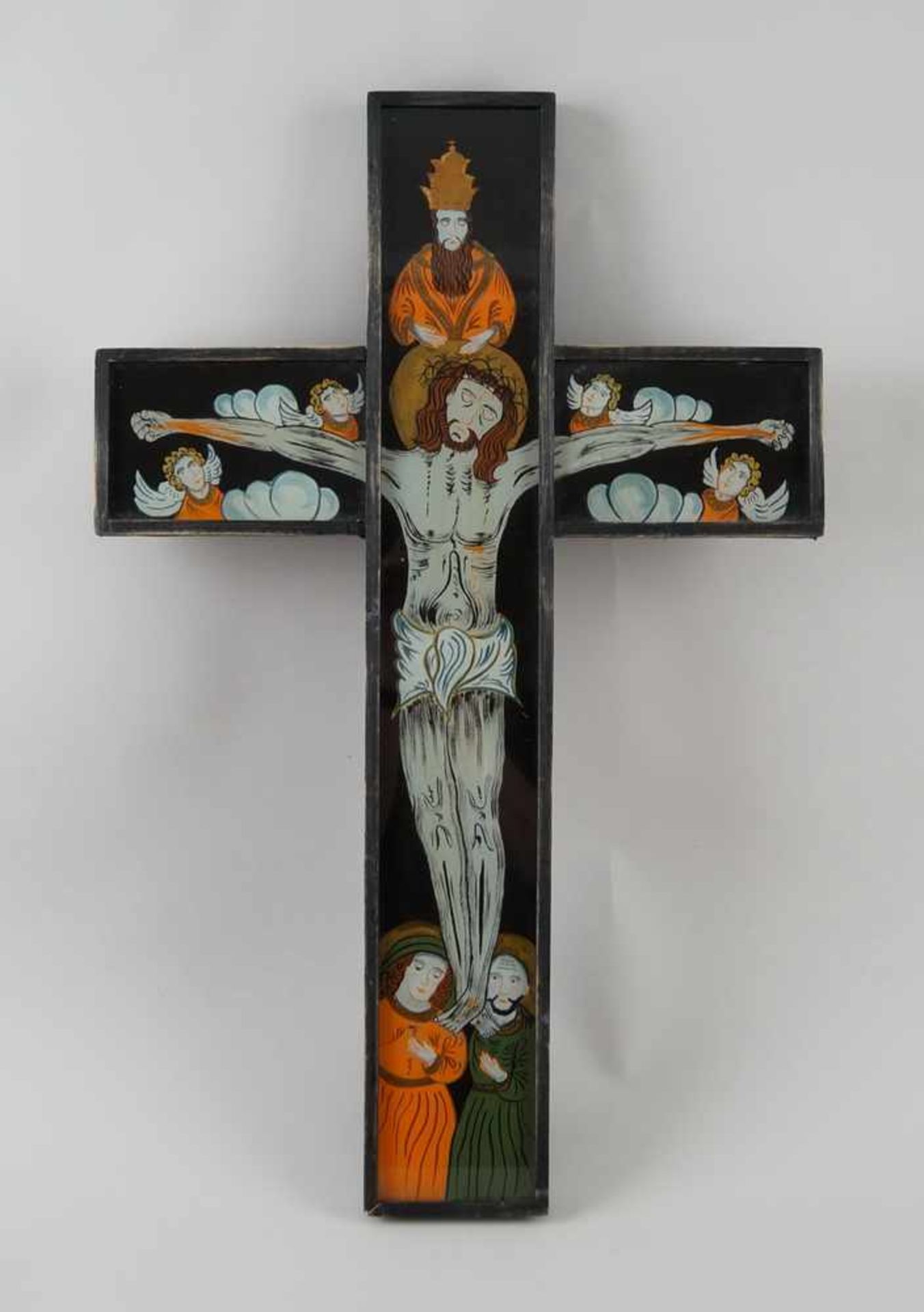 Kruzifix, Holzkorpus mit Hinterglasmalerei, 65x40cm- - -24.00 % buyer's premium on the hammer - Bild 2 aus 7