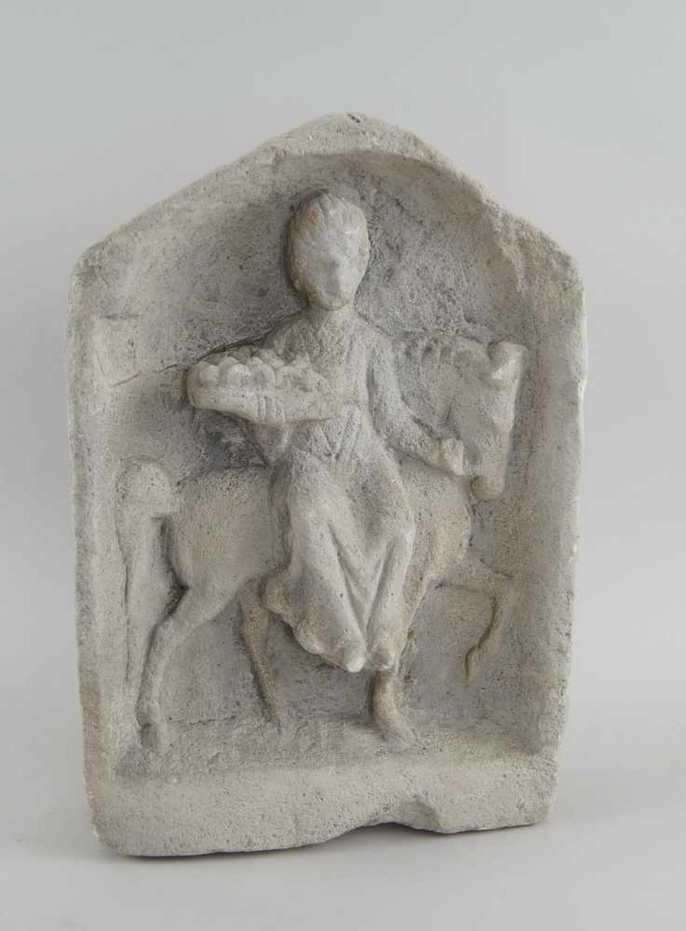 Steinrelief, Frau mit Obstkorb auf einem Pferd, 43x27x7cm- - -24.00 % buyer's premium on the